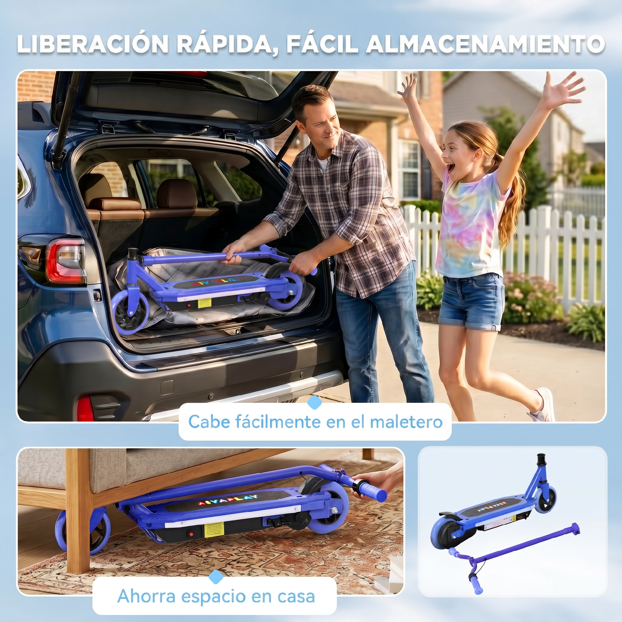 Un hombre carga un patinete eléctrico azul en el maletero mientras una niña celebra.