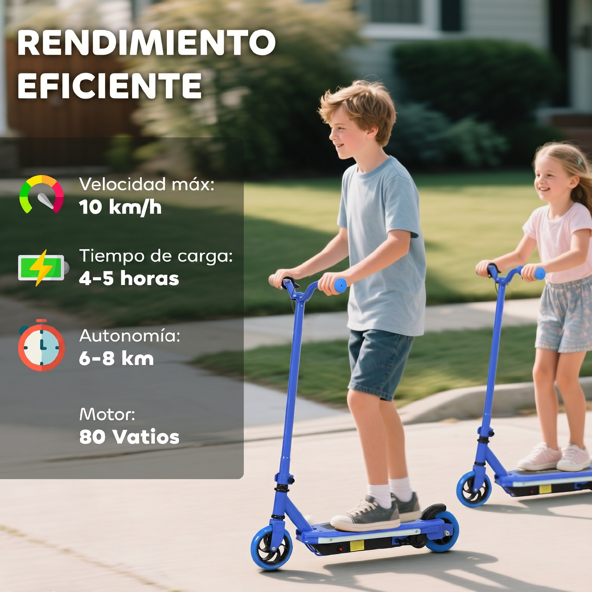 Dos niños montan en patinetes eléctricos azules al aire libre cerca de un césped con especificaciones.