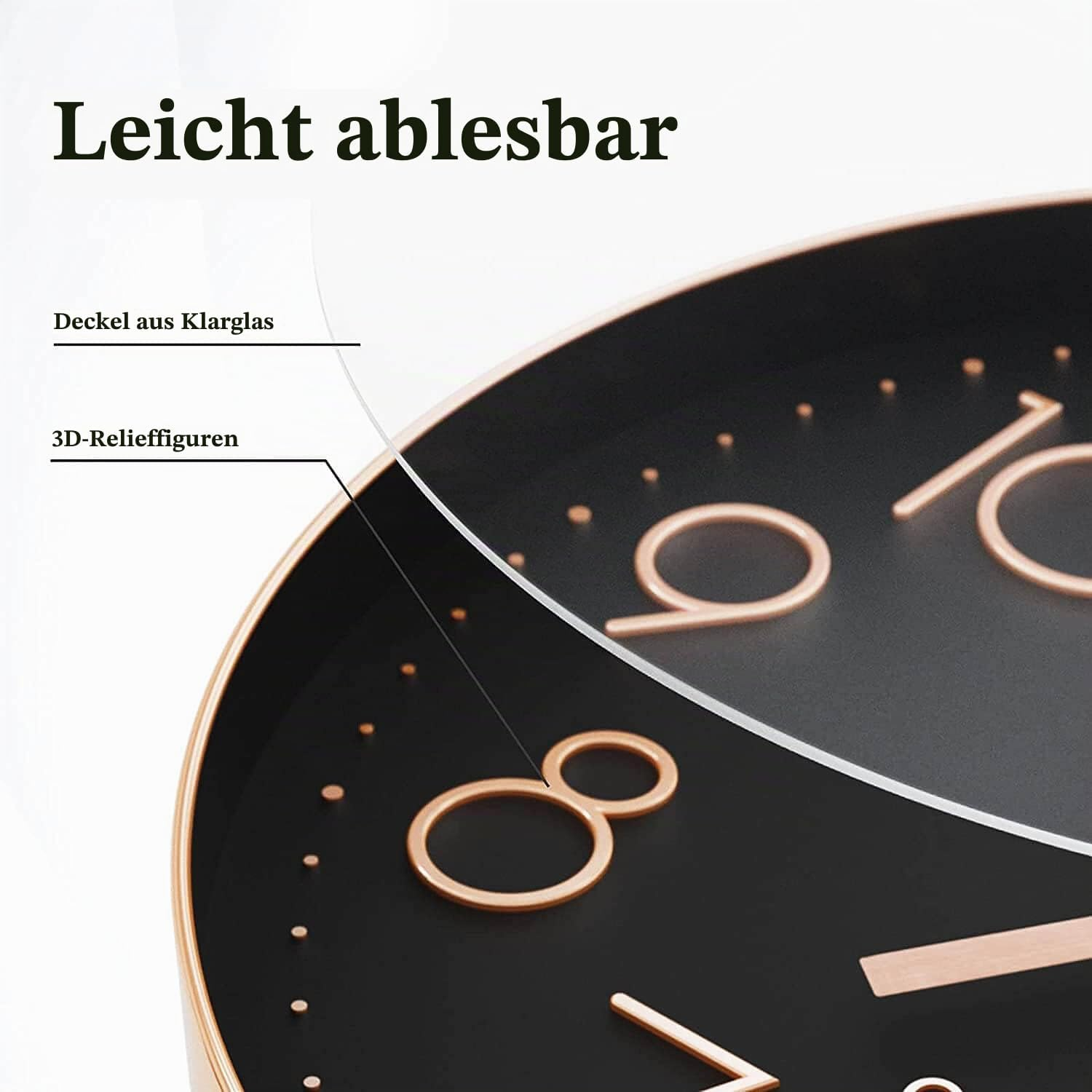 Nahaufnahme einer schwarzen Wanduhr mit roségoldenen 3D-Zahlen und Klarglasabdeckung, mit deutschen Beschriftungen.