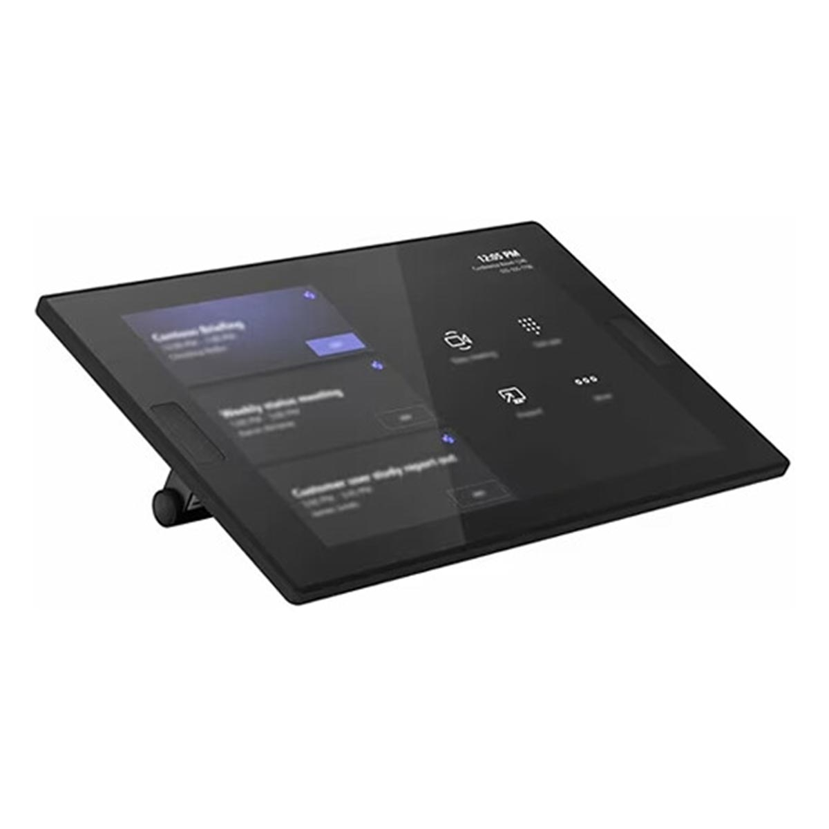 Ein schwarzes Konferenz-Touchpanel steht auf einem Ständer vor weißem Hintergrund mit Menü auf dem Display.