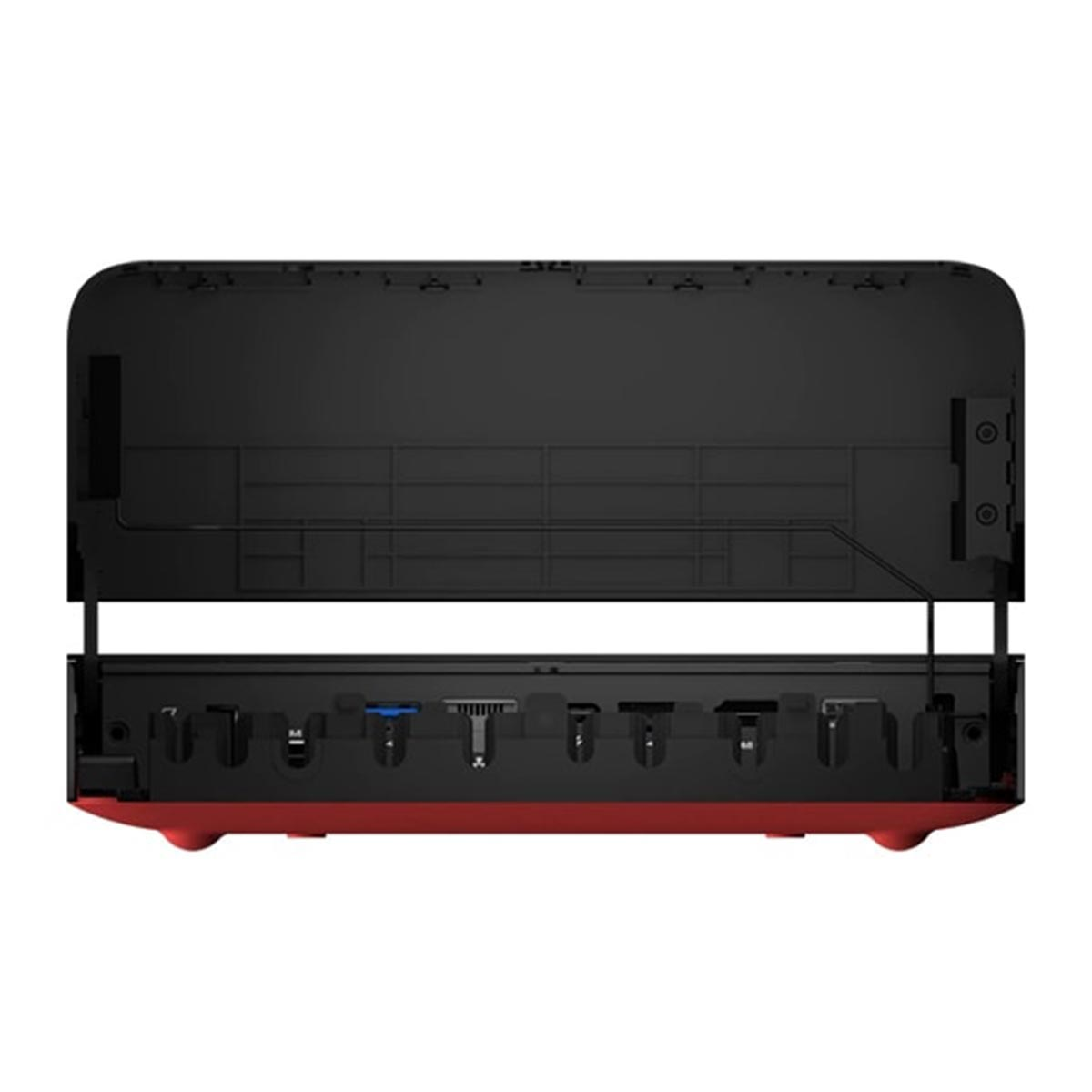 Ein schwarz-rotes elektronisches Gerät mit geöffnetem Deckel, das interne Anschlüsse und Mechanismen zeigt.