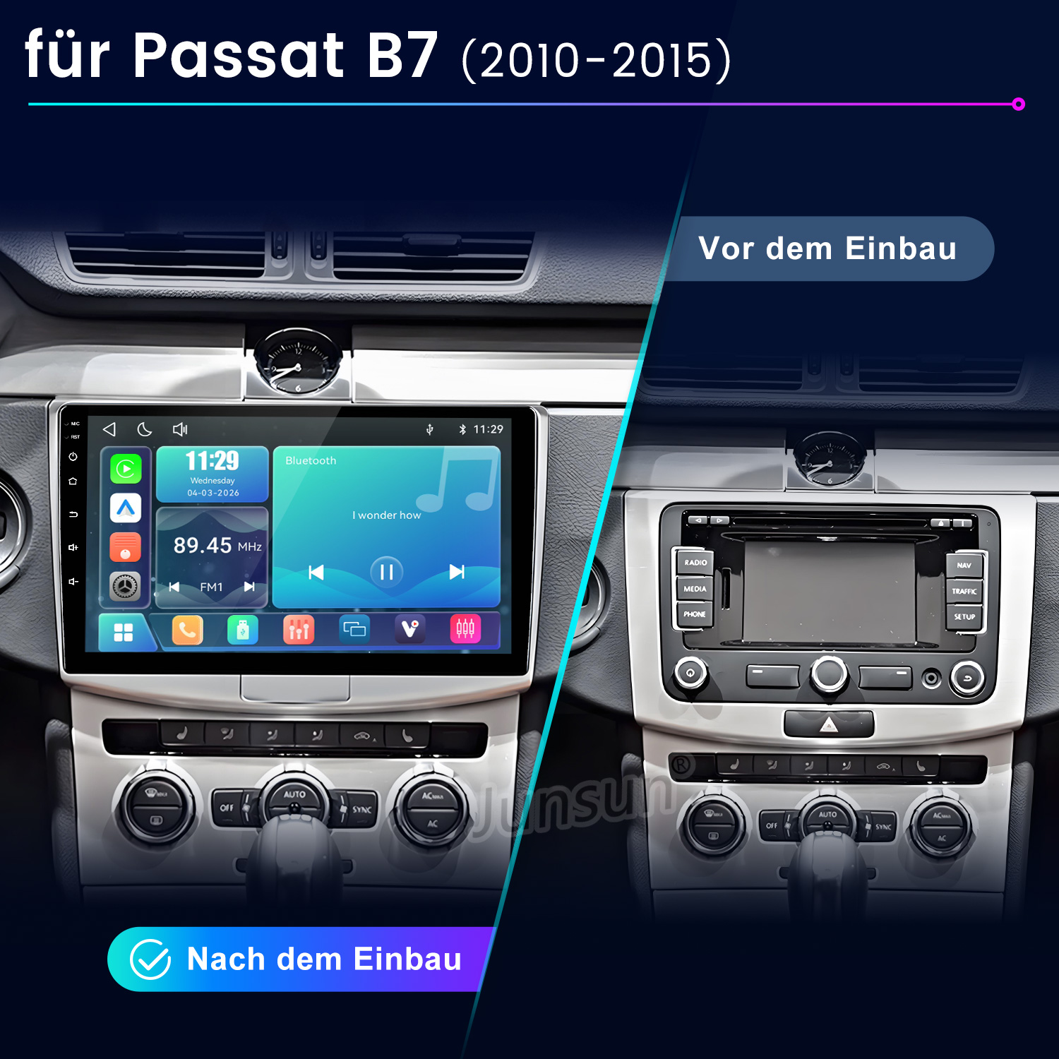 Comparación del salpicadero del Passat B7 antes y después de instalar una radio táctil grande.