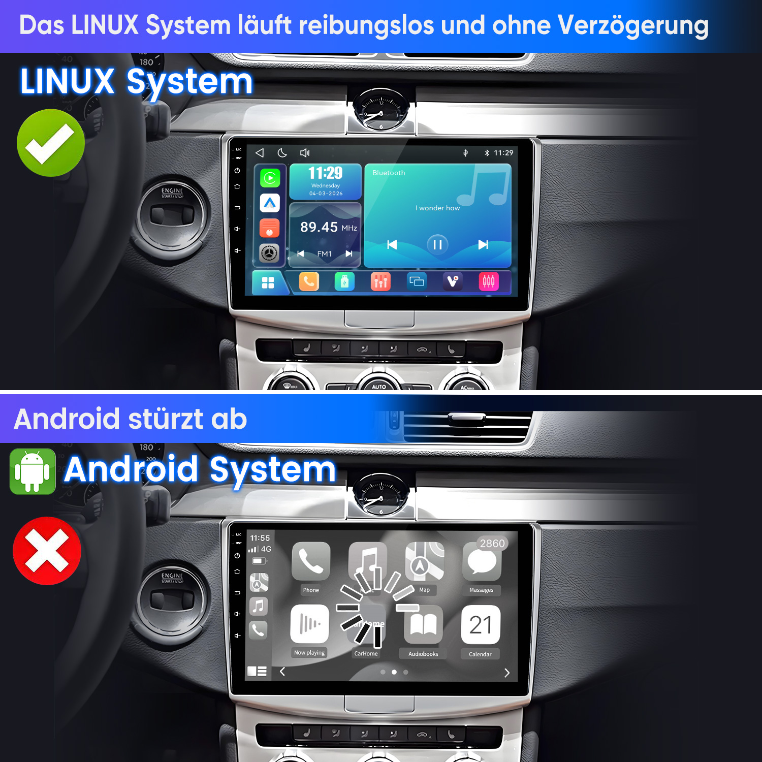 Comparación de dos pantallas de auto: Un sistema Linux funciona fluido, mientras un Android carga con errores.