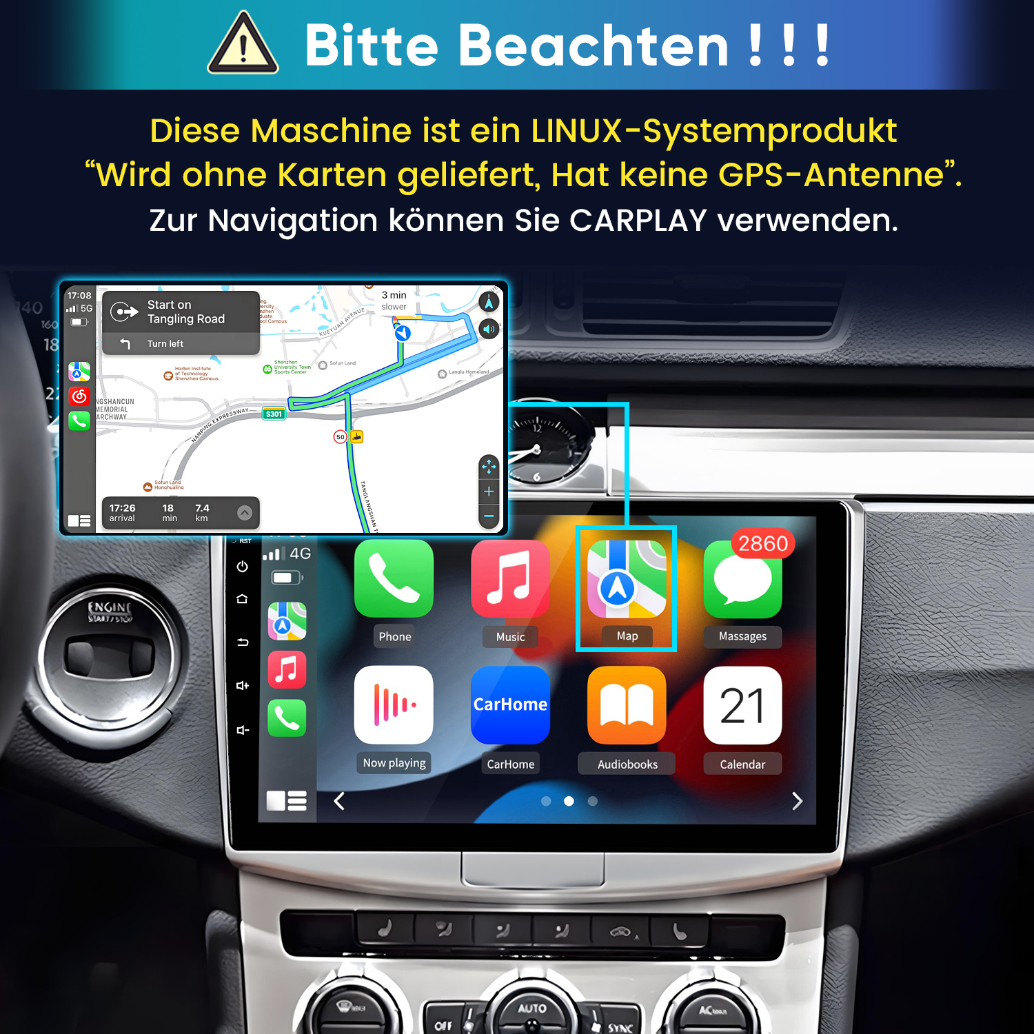 Autoradio Linux con interfaz CarPlay y navegación sin antena GPS.