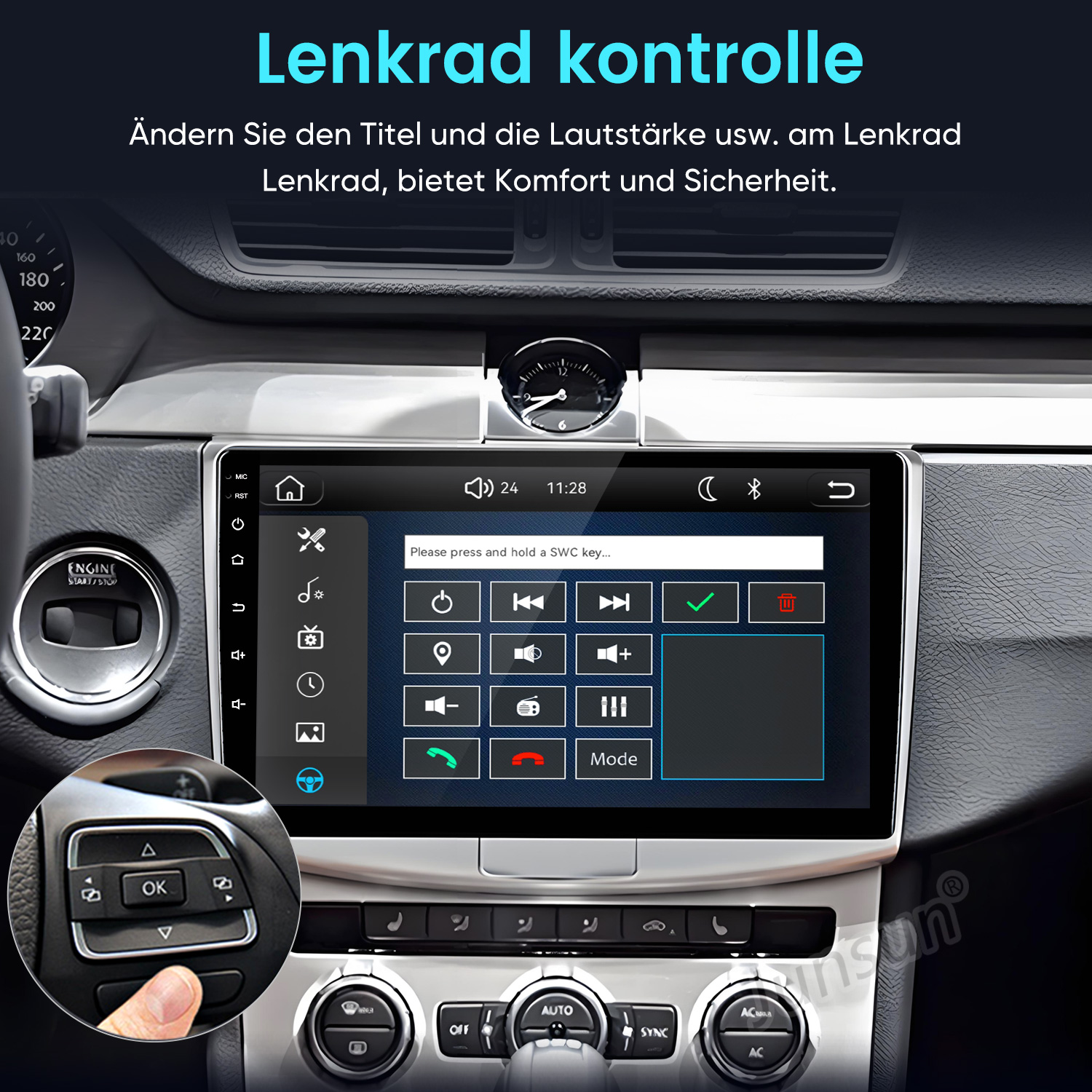 Interior de coche con pantalla táctil y controles en el volante.