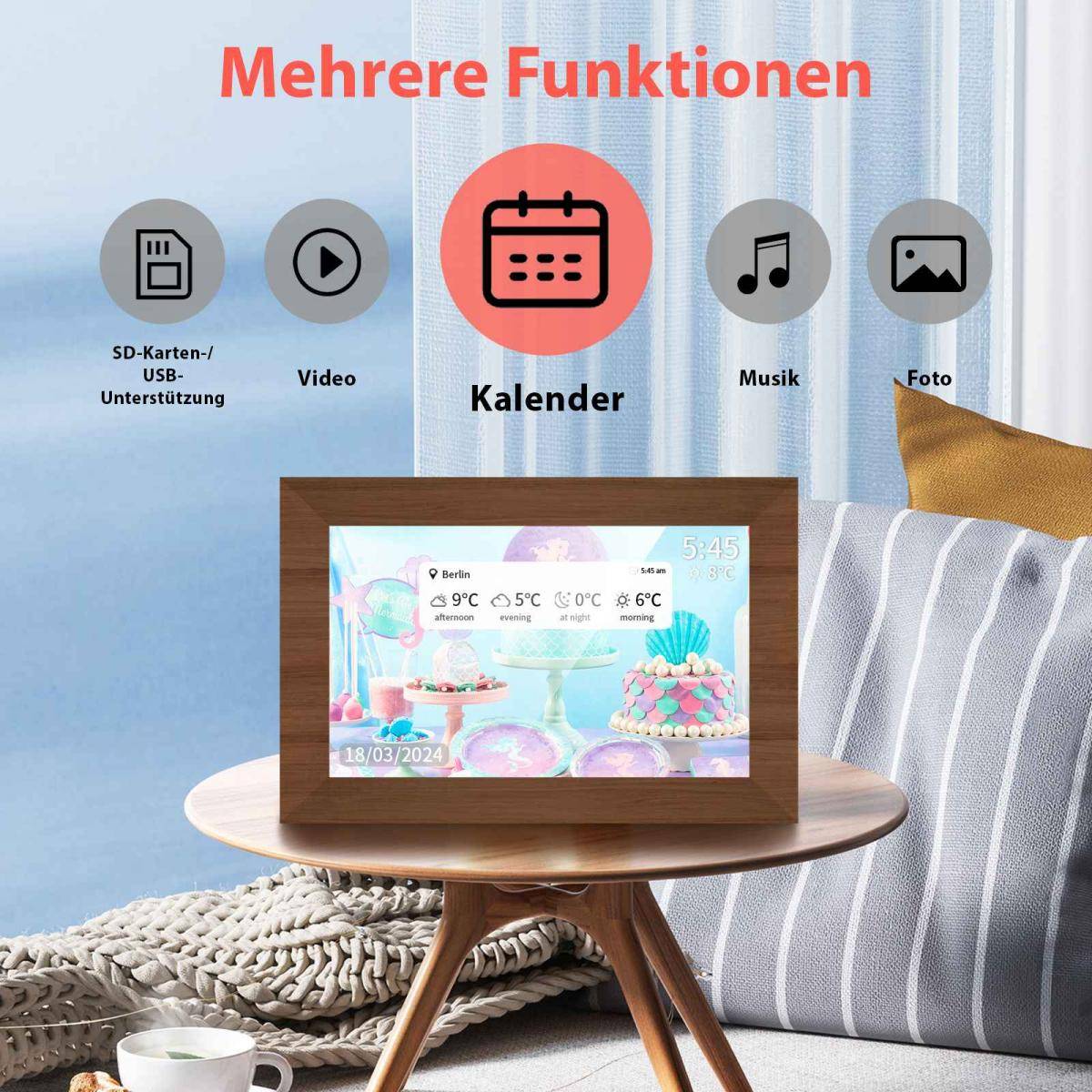 Ein hölzerner digitaler Bilderrahmen zeigt ein buntes Kuchenbild, Wetter und Zeit, umgeben von Funktionssymbolen.