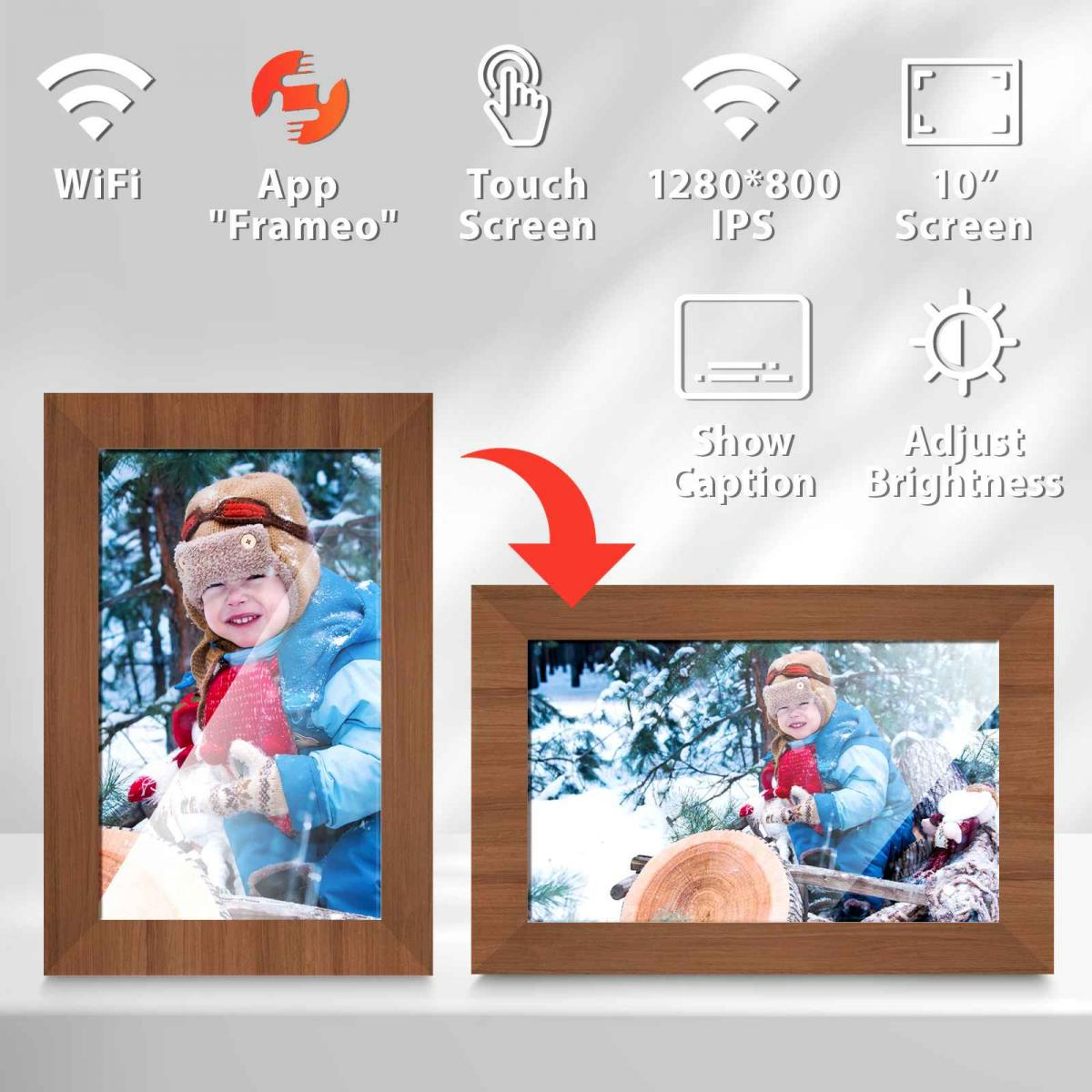 Holzbilderrahmen mit Kind im Schnee zeigen Features wie WLAN, Touchscreen und Helligkeitsregelung.