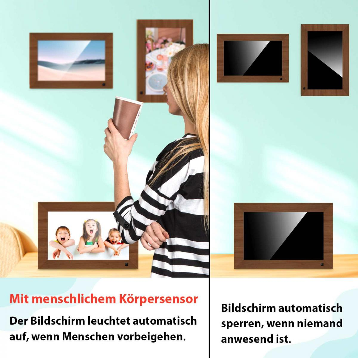 Eine Frau hält einen Becher, während digitale Bilderrahmen an der Wand hängen und automatisch reagieren.