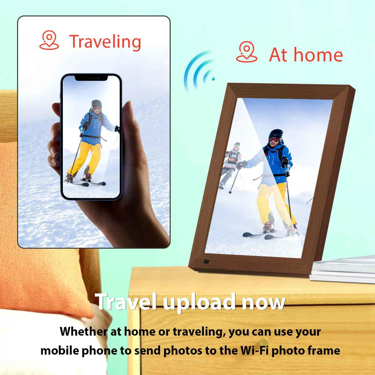 Handy zeigt Skifahrer, gleiches Bild auf WLAN-Fotorahmen zu Hause.
