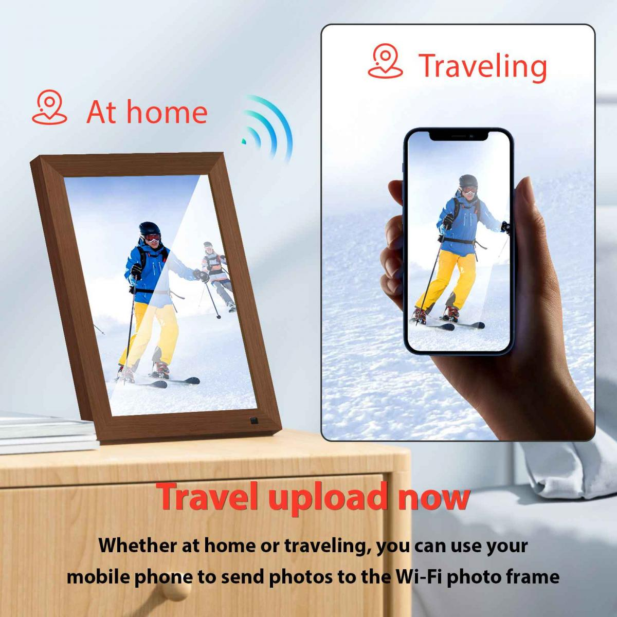 Holzbilderrahmen auf Tisch zeigt Skifahrer, Hand hält Smartphone mit identischem Bild.