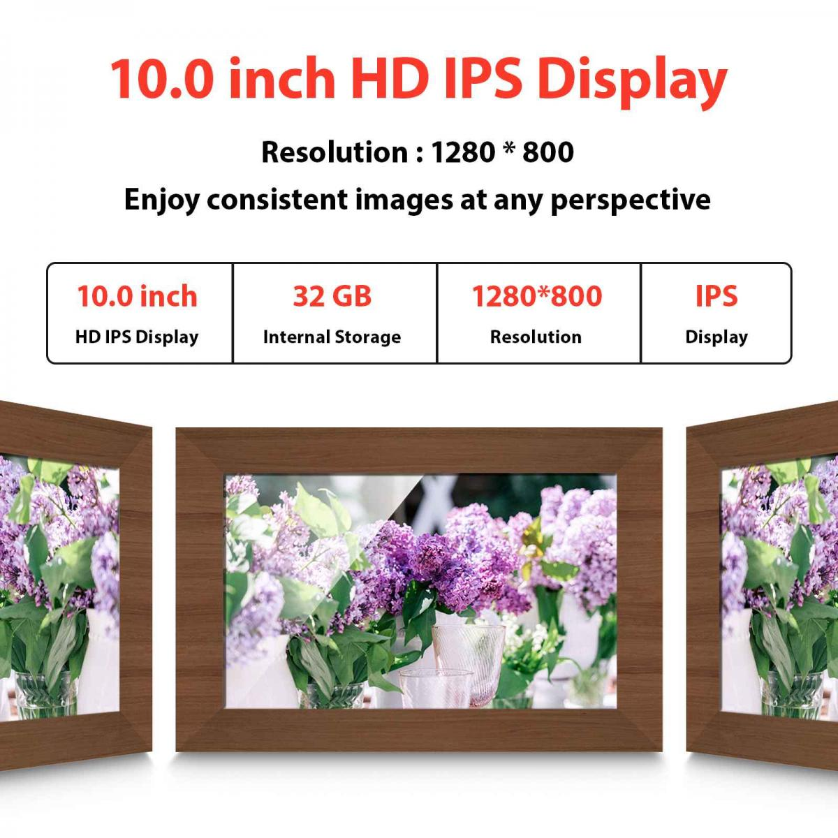 Produktbanner mit 10-Zoll-HD-IPS-Display, 32 GB Speicher und 1280x800 Auflösung und einem Holzrahmen.