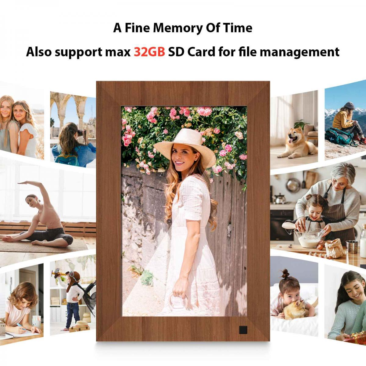Ein digitaler Bilderrahmen mit Holzrand zeigt ein Foto einer Frau mit Hut vor Blumen, umgeben von weiteren Fotos.