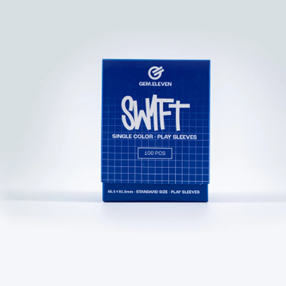 Blaue Schachtel mit weißem Schriftzug Swift und Rastermuster vor hellgrauem Hintergrund.