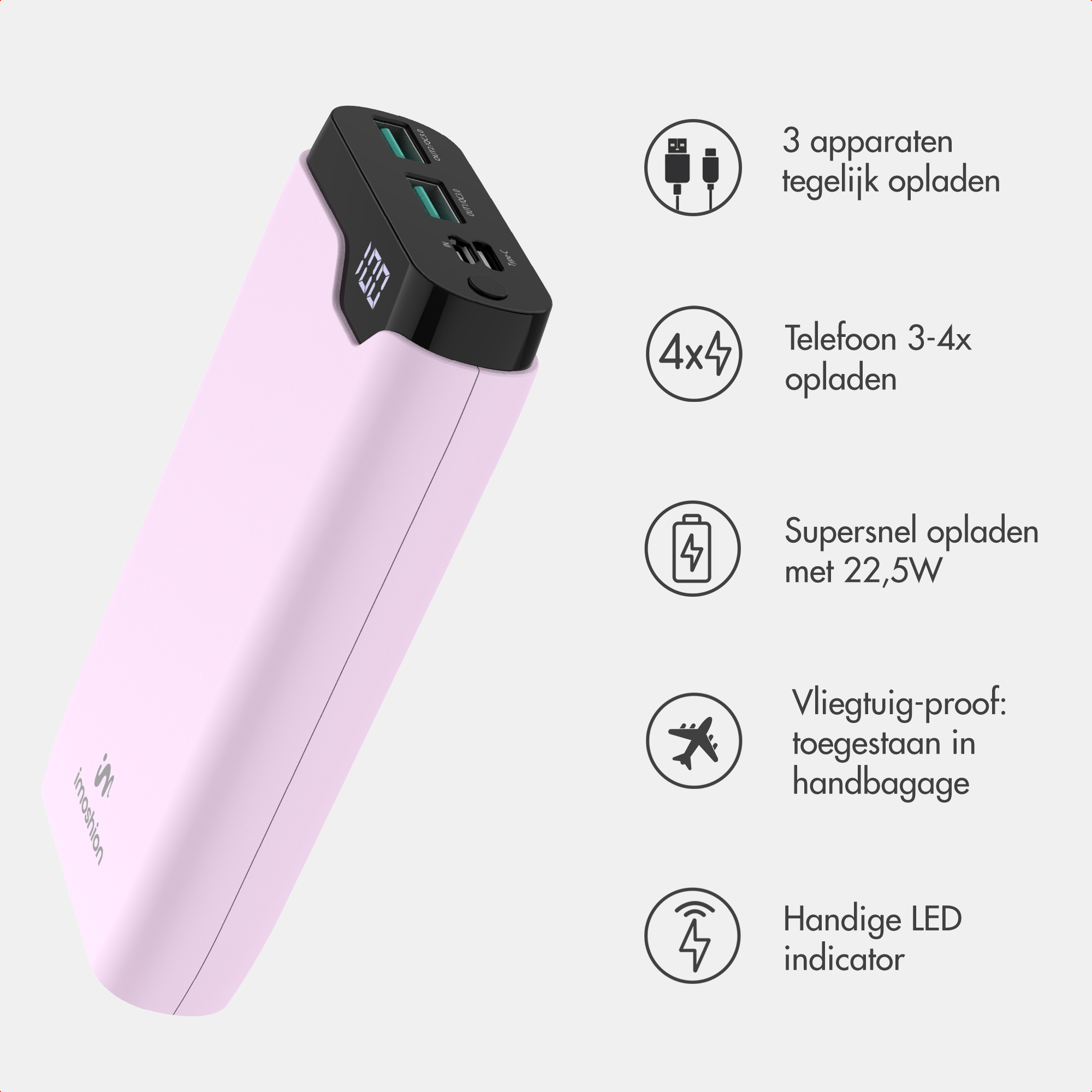 Een roze powerbank met een zwart bovenpaneel en vijf iconen met productkenmerken in het Nederlands.