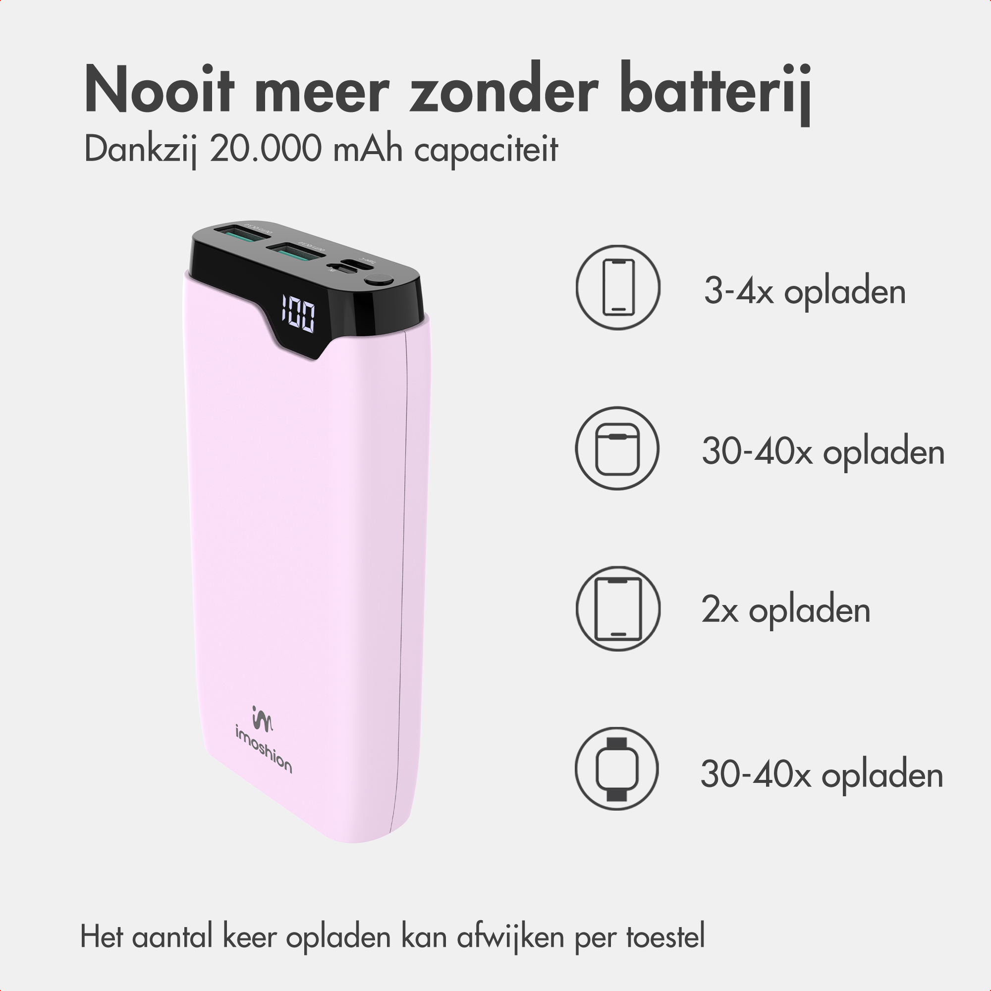 Roze powerbank met zwarte bovenkant en digitaal display, rechts met vier laadcapaciteit-iconen.