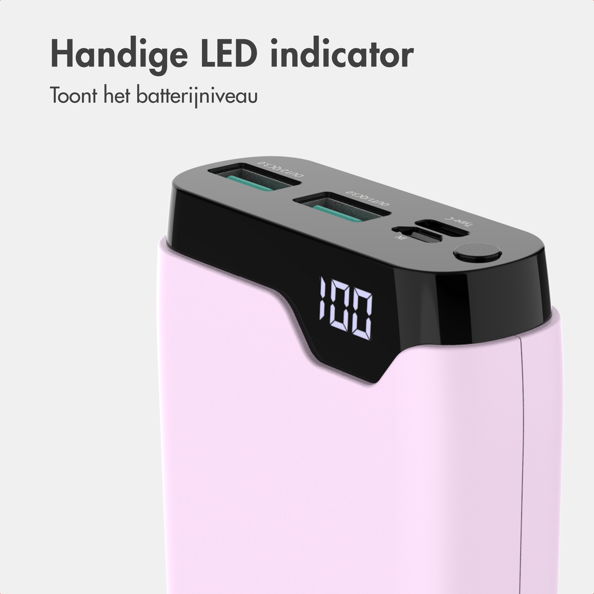 Een roze powerbank met een LED-scherm dat 100 procent weergeeft.