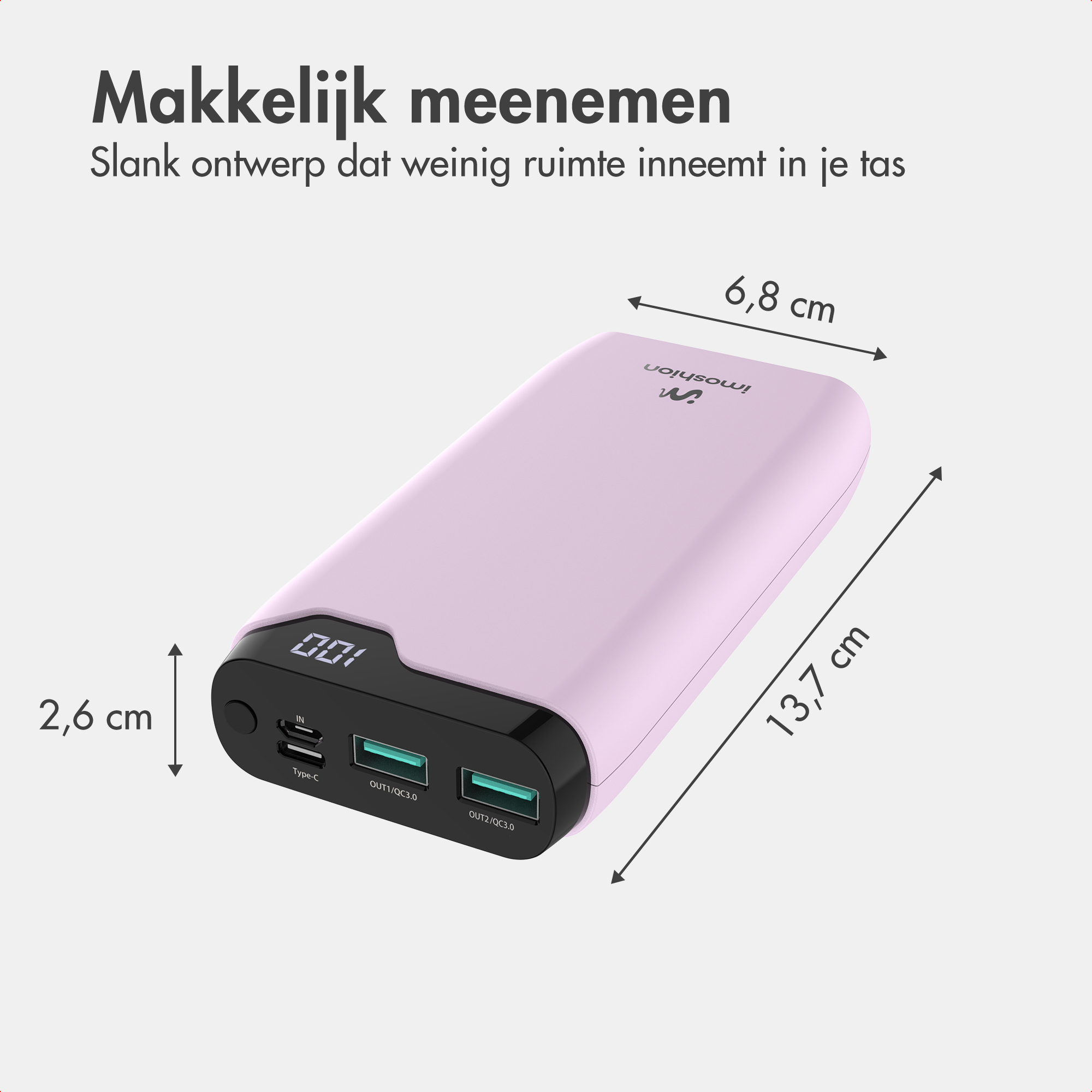 Een lichtblauwe powerbank met afmetingen, digitaal display en USB-poorten, met Nederlandse tekst bovenaan.