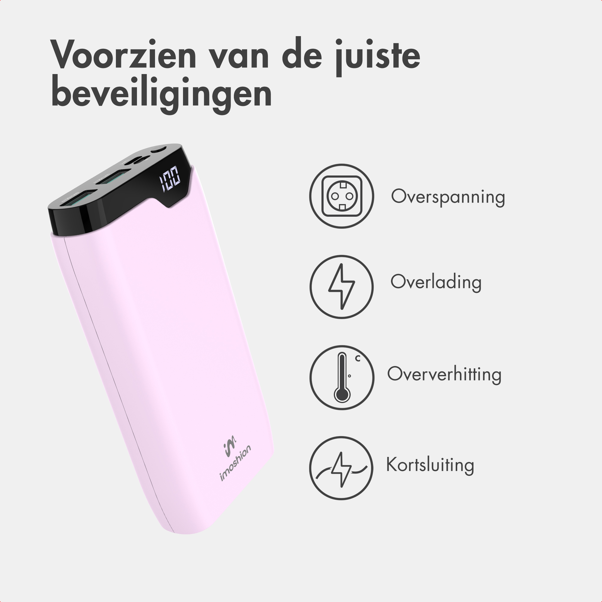 Een lichtroze powerbank met digitaal scherm op 100% en beveiligingsiconen rechts.