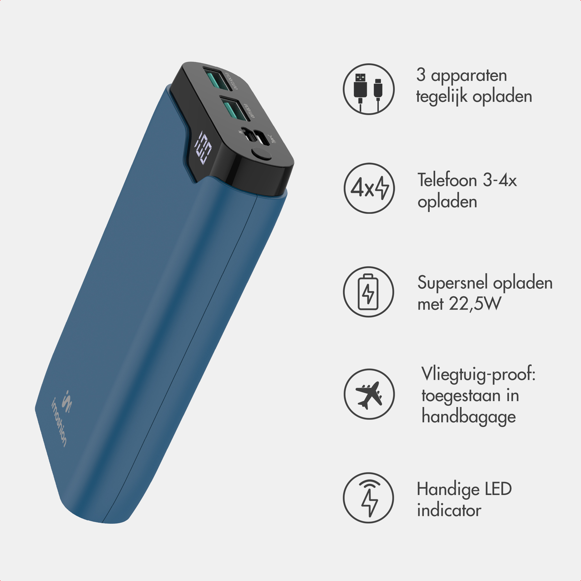 Batterie externe bleue avec écran LED et cinq icônes de fonctionnalités à droite.