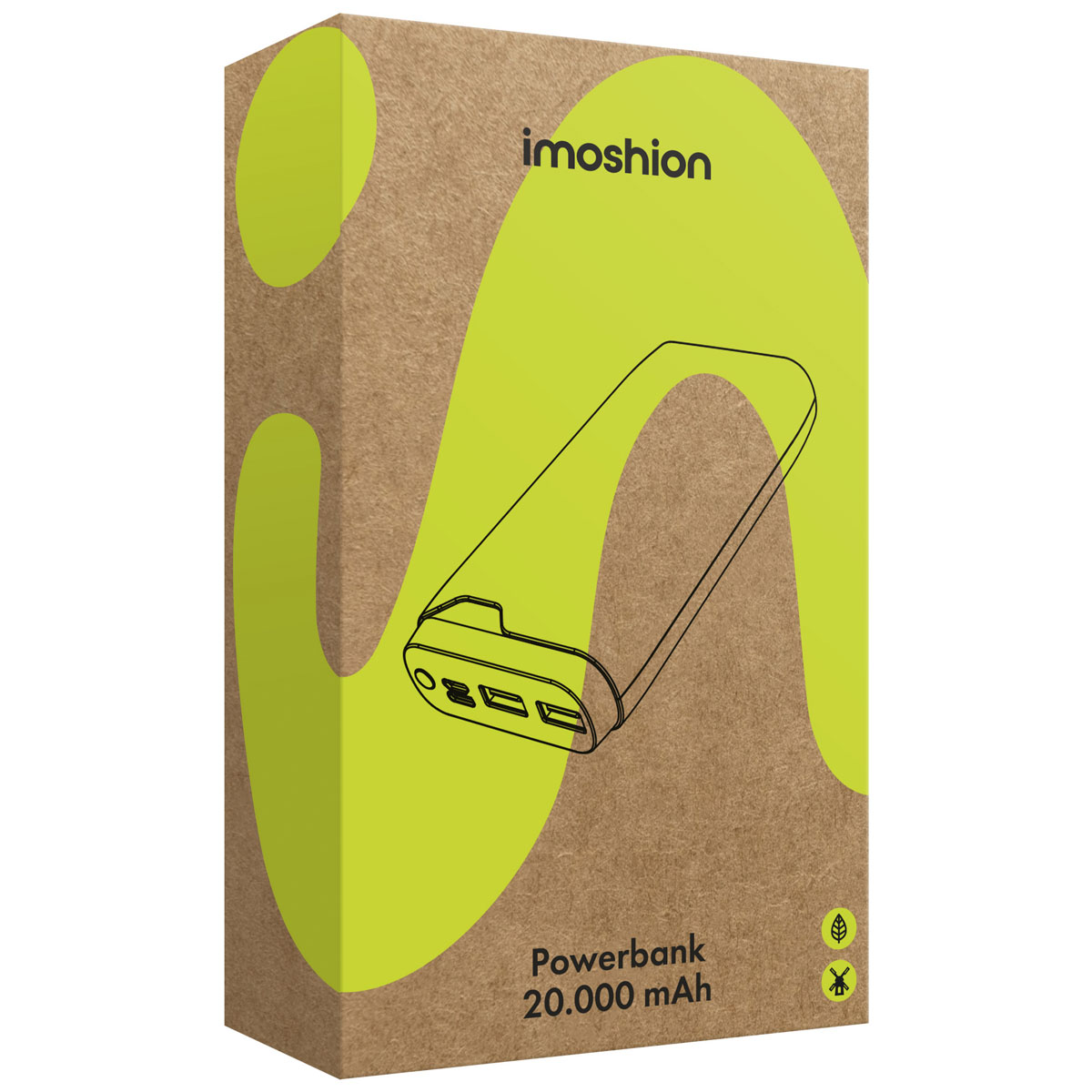 Boîte en carton marron avec vagues vertes, texte imoshion et Powerbank 20.000 mAh.