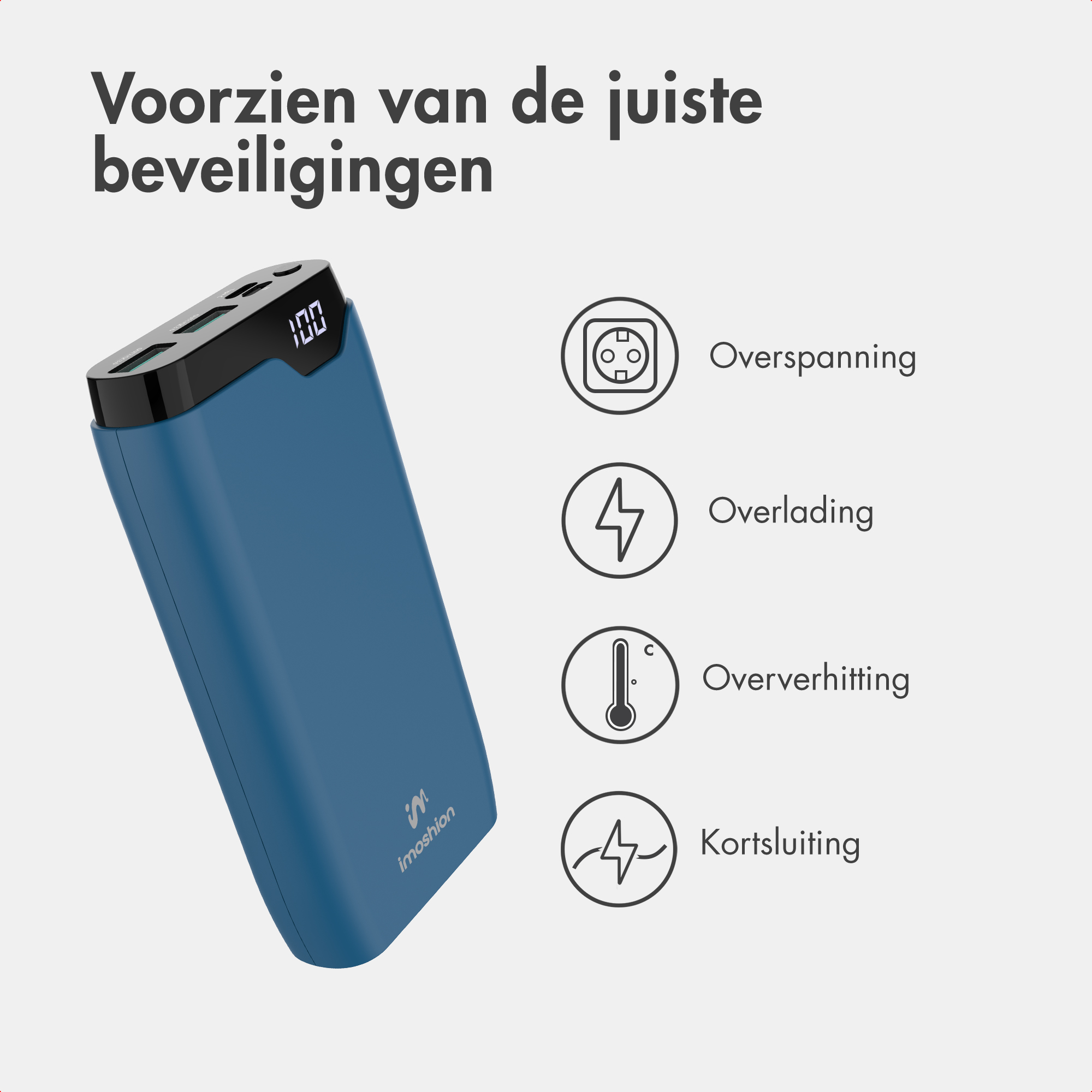 Une batterie externe bleue avec quatre icônes de sécurité sur fond gris clair.