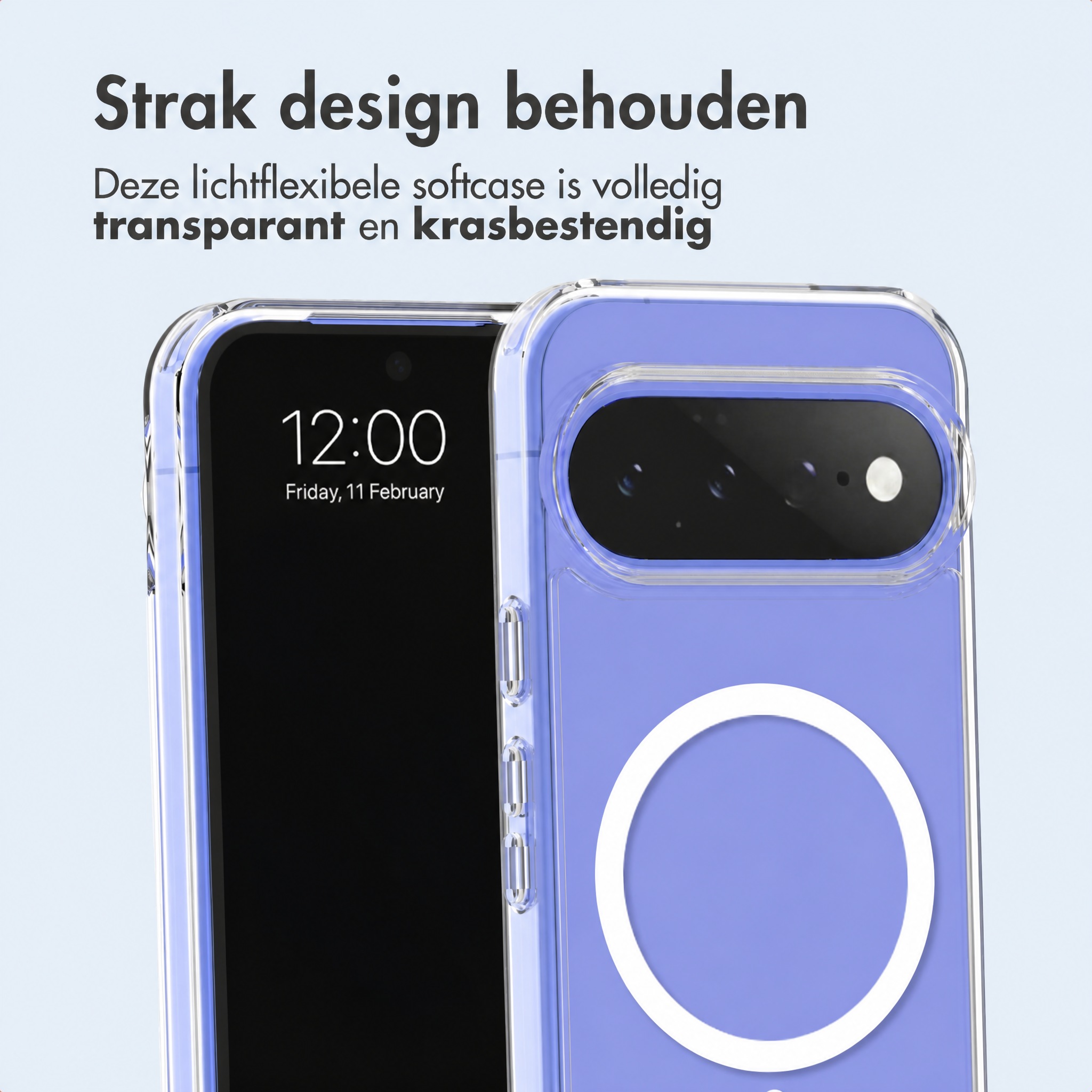 Una custodia per telefono trasparente e flessibile su un telefono viola con testo in olandese.