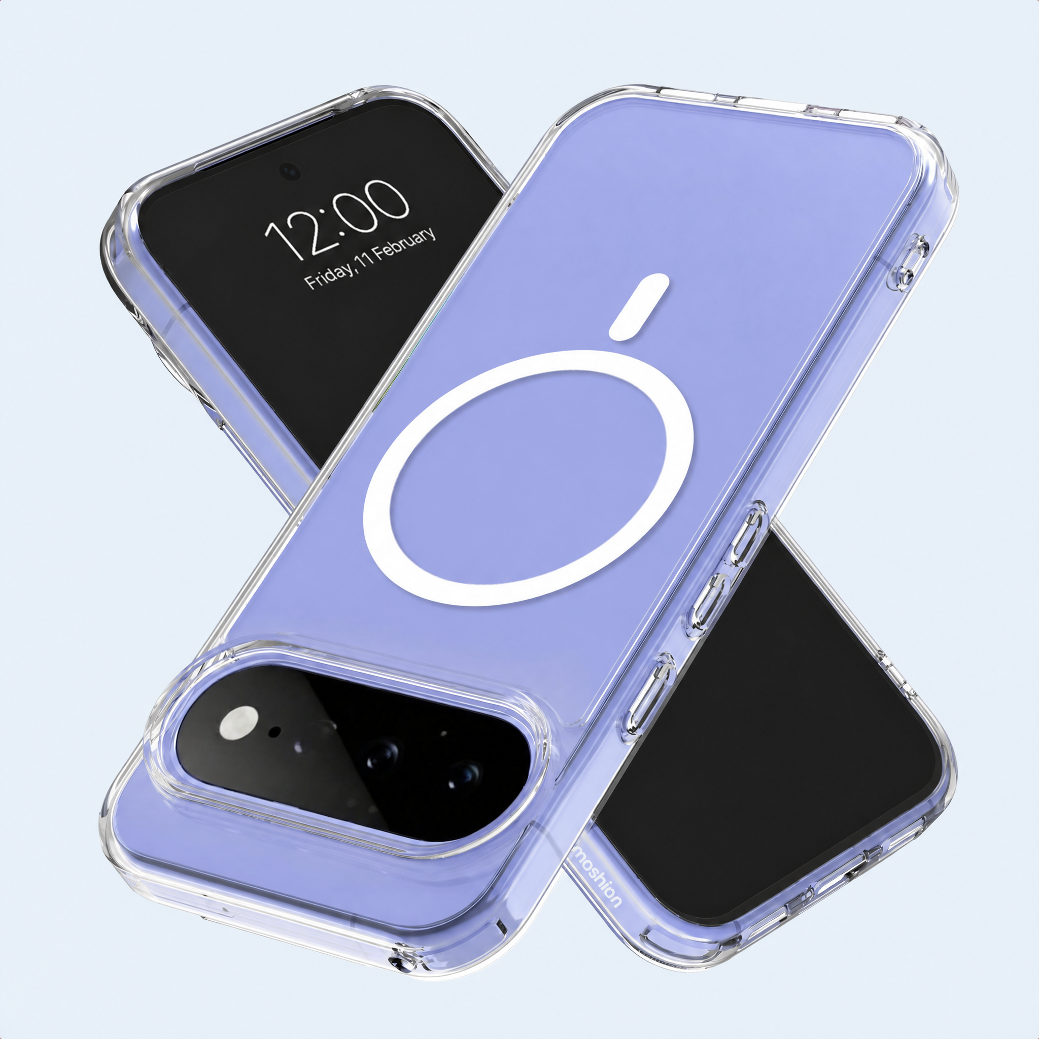 Due smartphone in custodie trasparenti con retro viola e anelli MagSafe bianchi su sfondo azzurro.