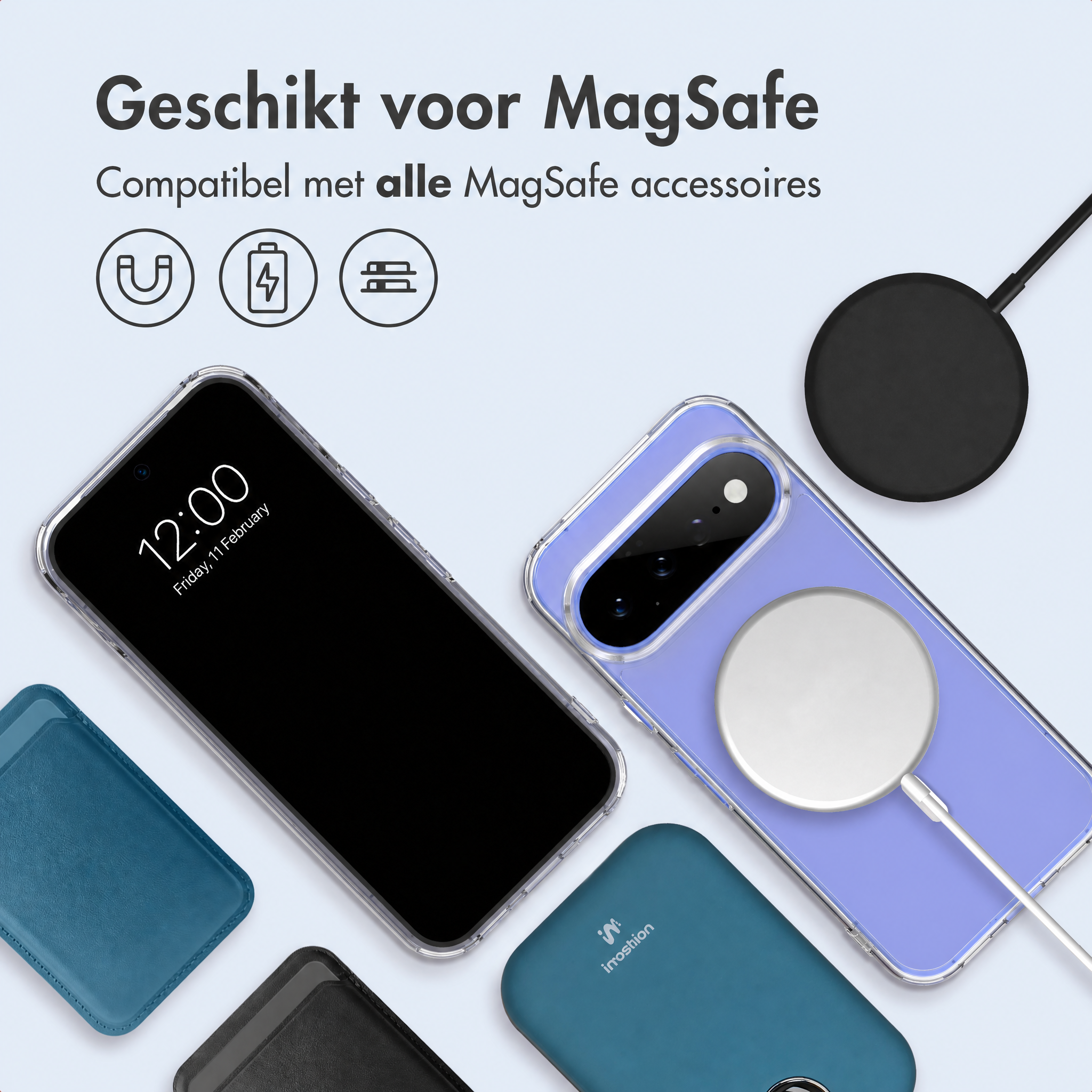 Telefono compatibile MagSafe con cover trasparente, caricabatterie e accessori.