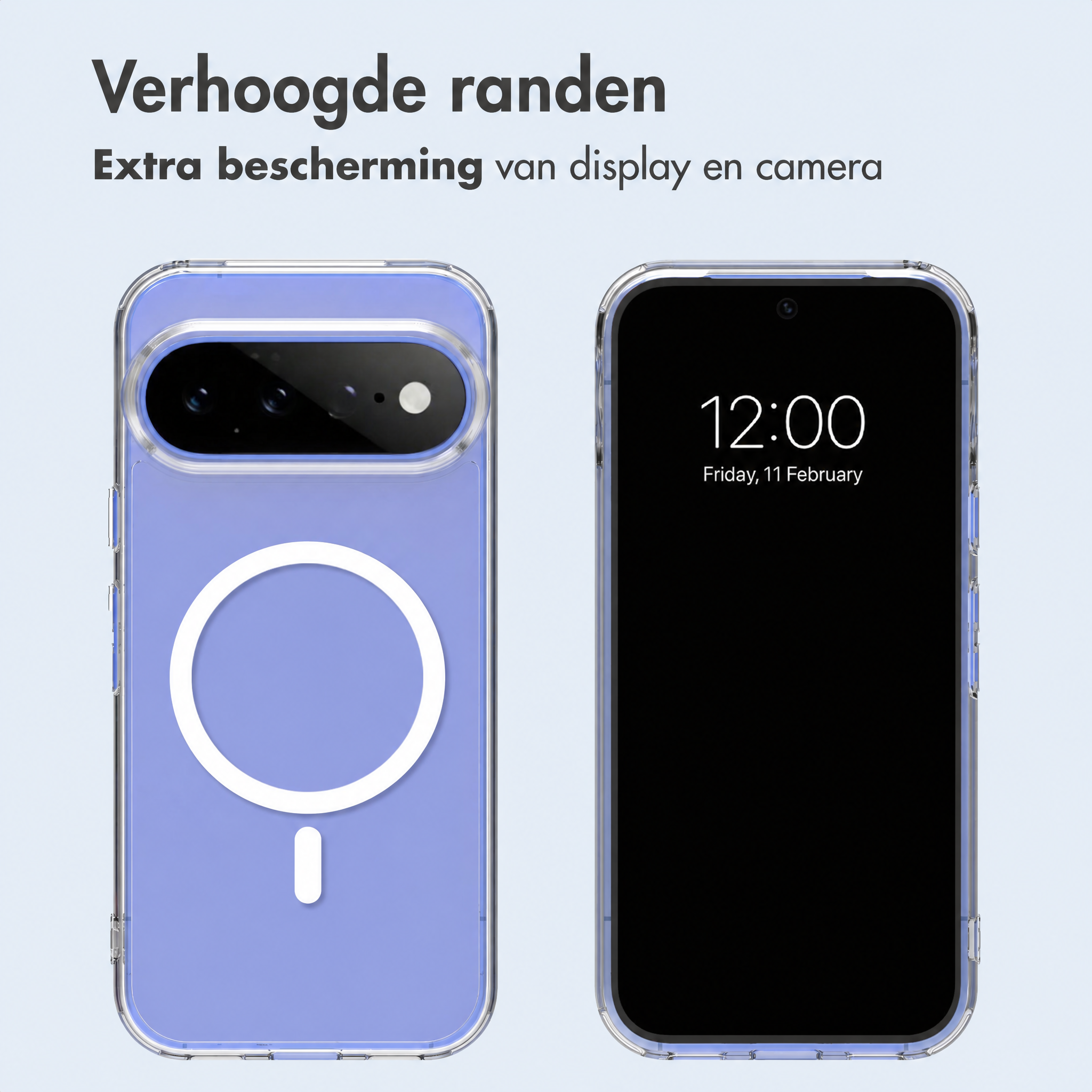 Uno smartphone in una custodia trasparente con anello MagSafe, mostrato fronte e retro.