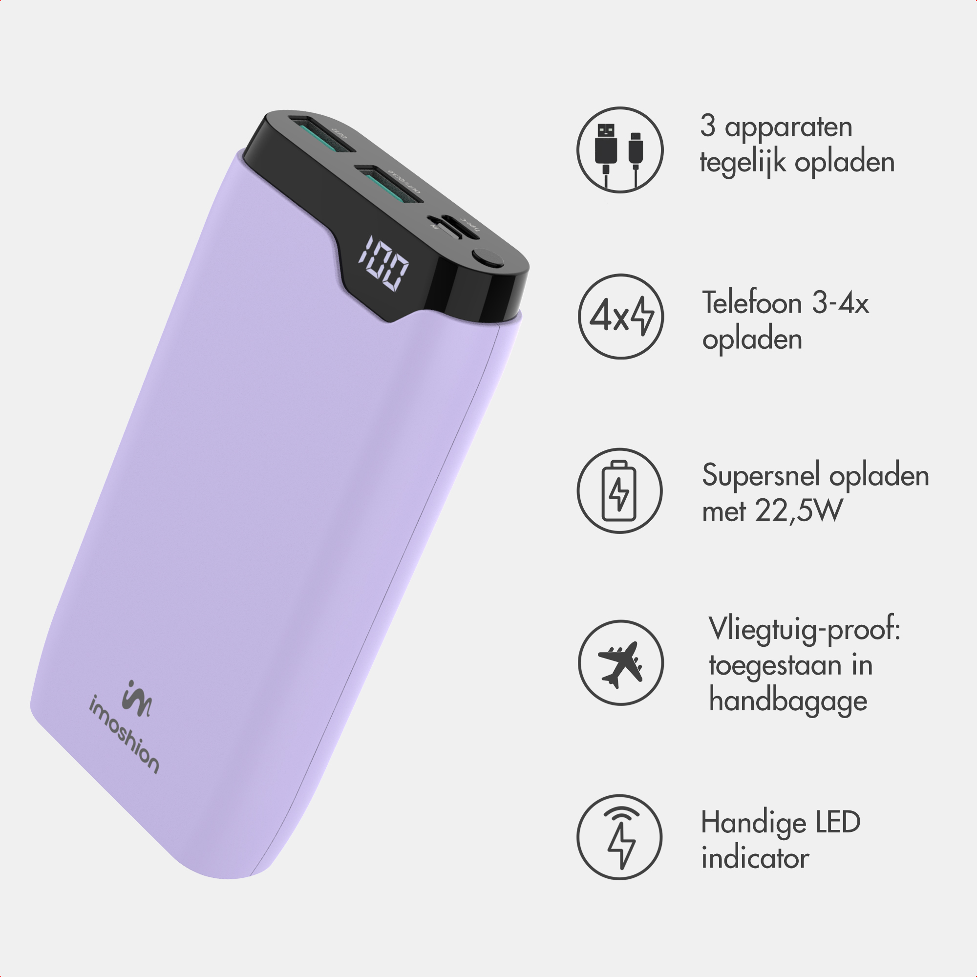 Un power bank Imoshion viola chiaro con display digitale e cinque icone di funzioni con testo in olandese.