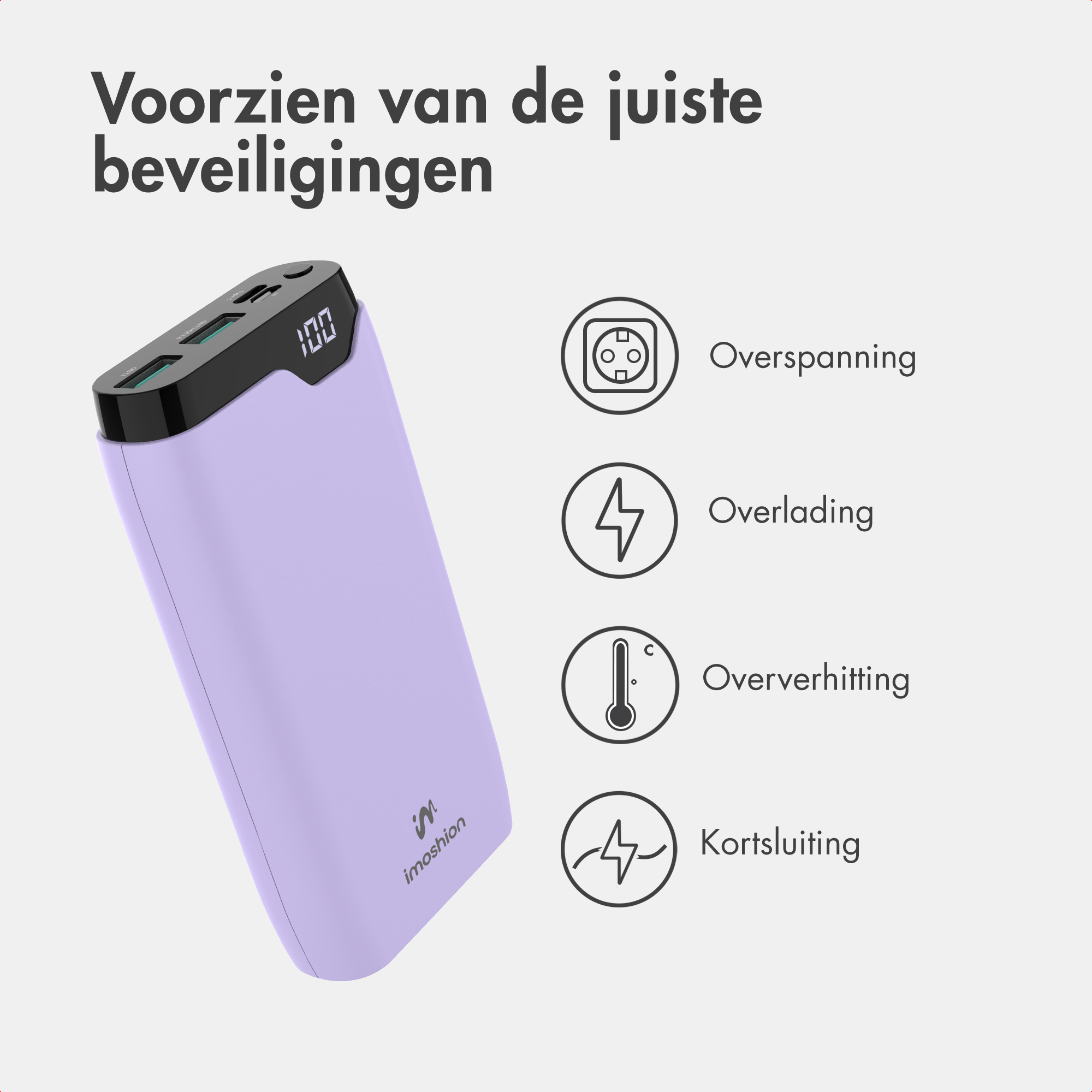 Power bank viola con display digitale e quattro icone di sicurezza.