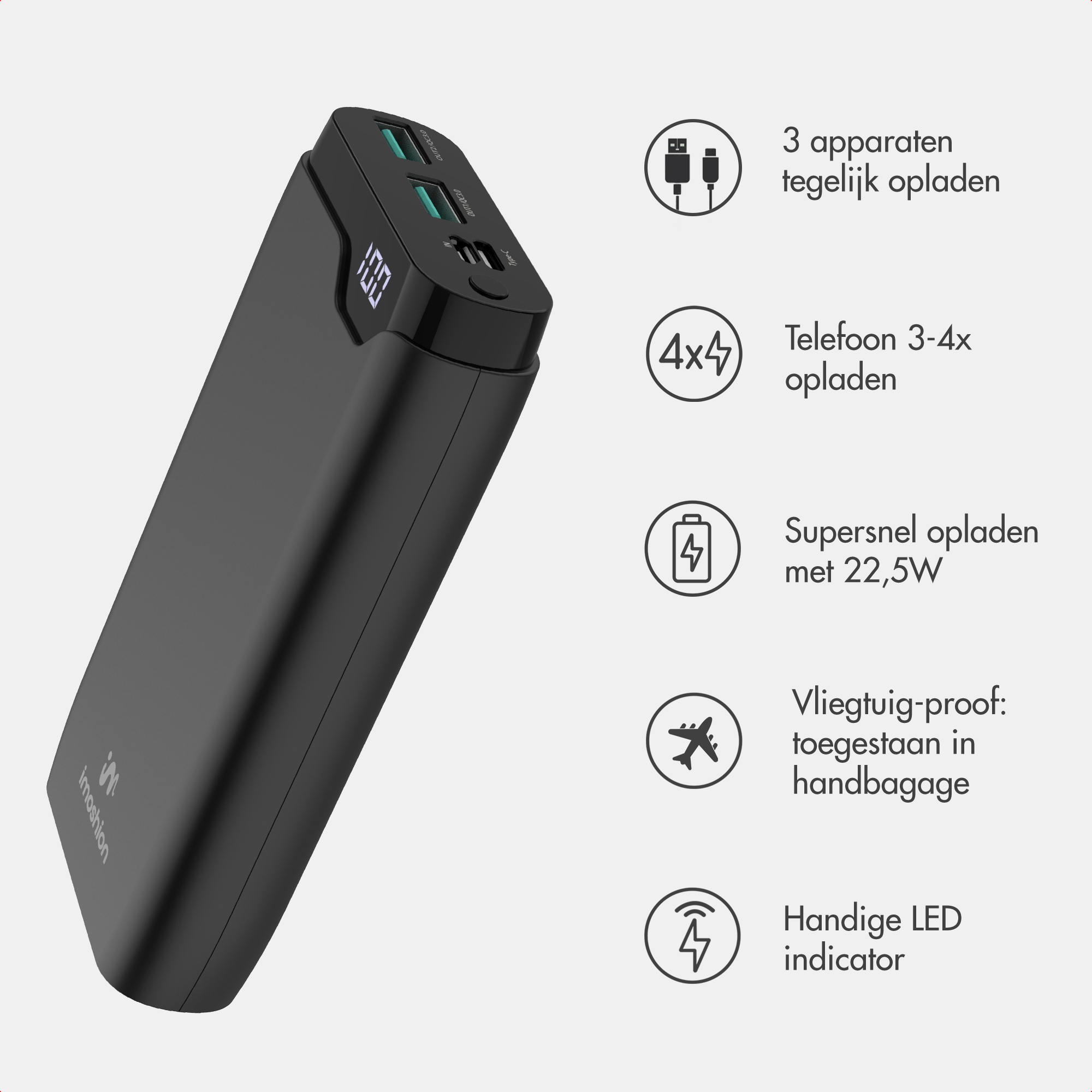 Eine schwarze Powerbank mit USB-Anschlüssen und digitaler LED-Anzeige, rechts mit fünf Funktionssymbolen.