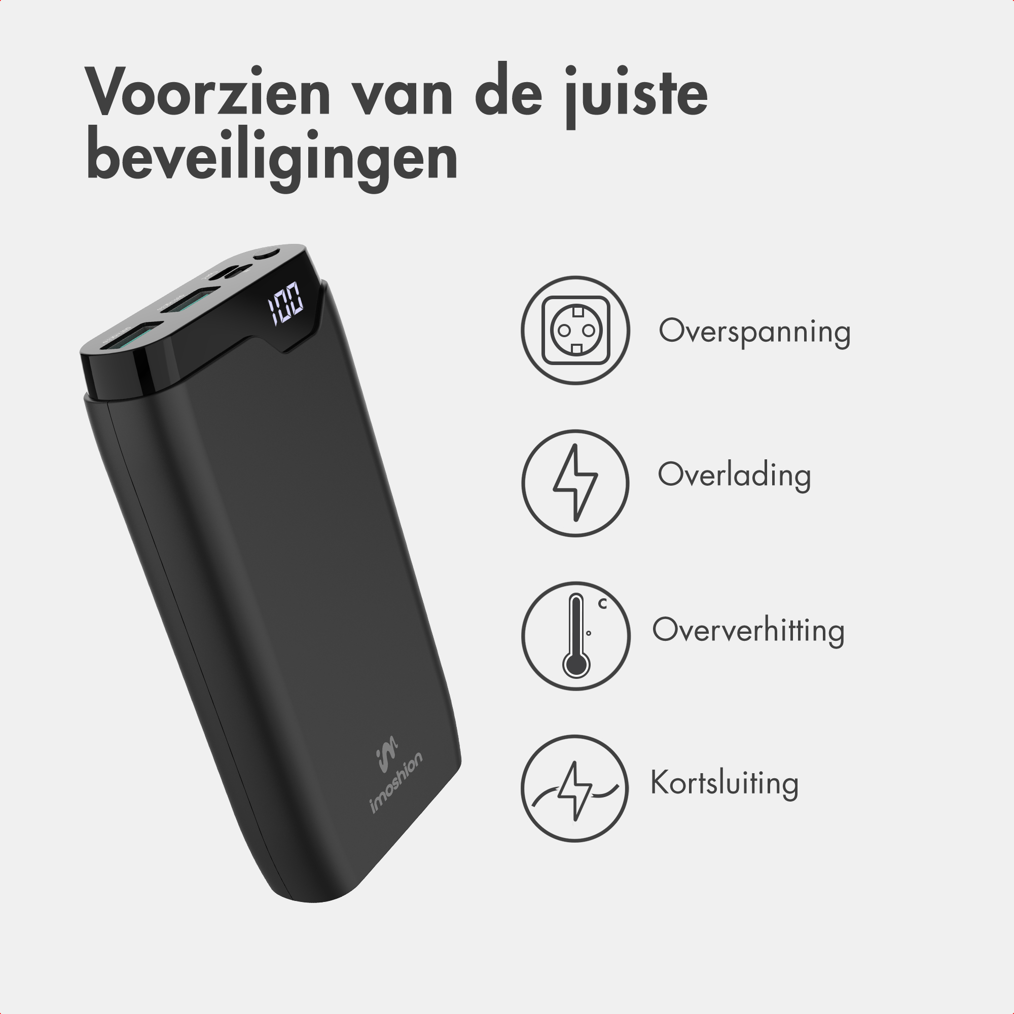 Schwarze Powerbank mit digitaler Anzeige und Symbolen für Schutzfunktionen.