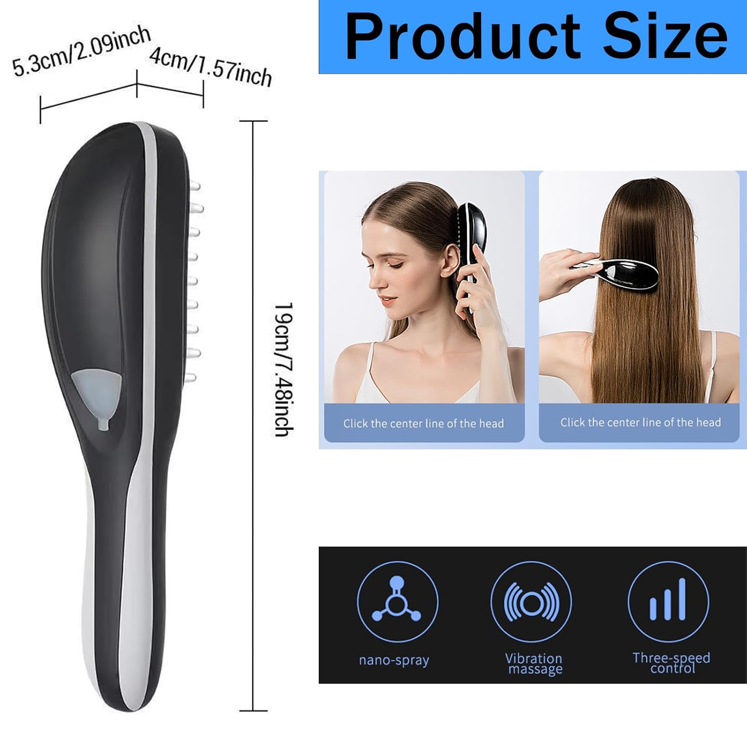 Produktgröße und Eigenschaften einer schwarzen Massagebürste mit Sprüh- und Vibrationsfunktion.