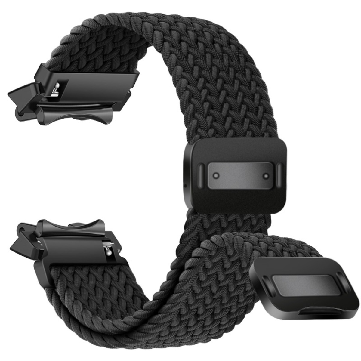 Ein schwarzes geflochtenes Uhrenarmband mit schwarzen Metallverschlüssen und Einstellern auf weißem Hintergrund.