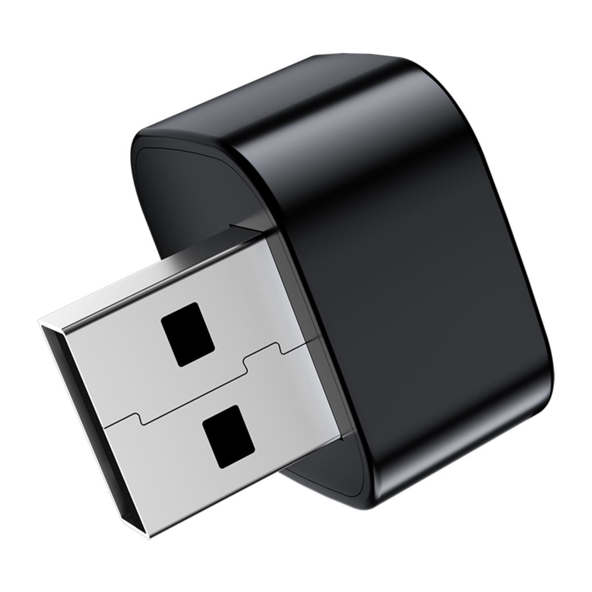 Ein kleiner schwarzer USB-Adapter mit einem silbernen Stecker vor weißem Hintergrund.