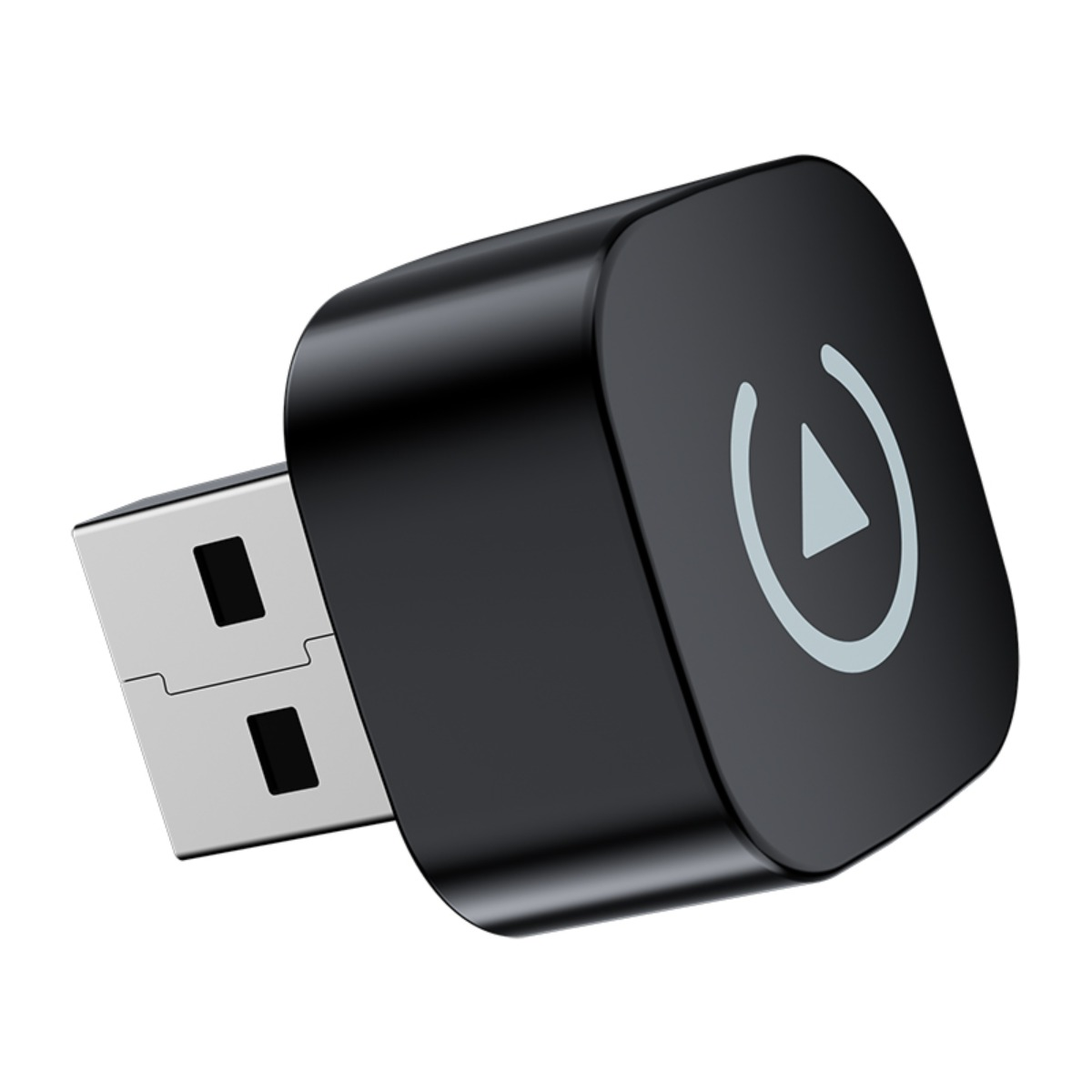 Ein kompakter schwarzer USB-Stecker mit einem weißen kreisförmigen Symbol und einem Dreieck auf der Vorderseite.