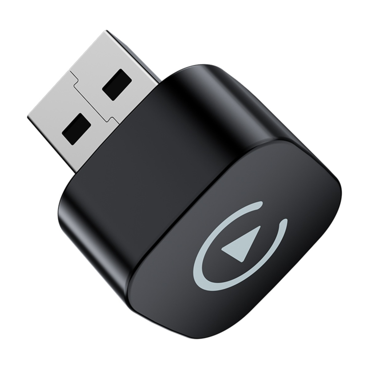 Ein schwarzer WLAN-USB-Adapter mit silbernem Anschluss und einem Wiedergabesymbol oben, auf weißem Hintergrund.