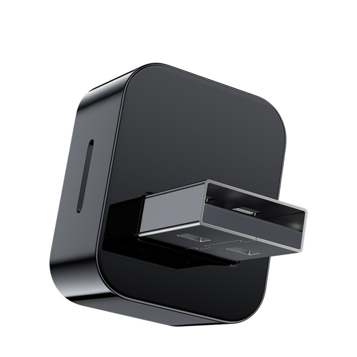 Ein glänzender schwarzer USB-Adapter mit einem silbernen Anschluss auf einer weißen Hintergrund.