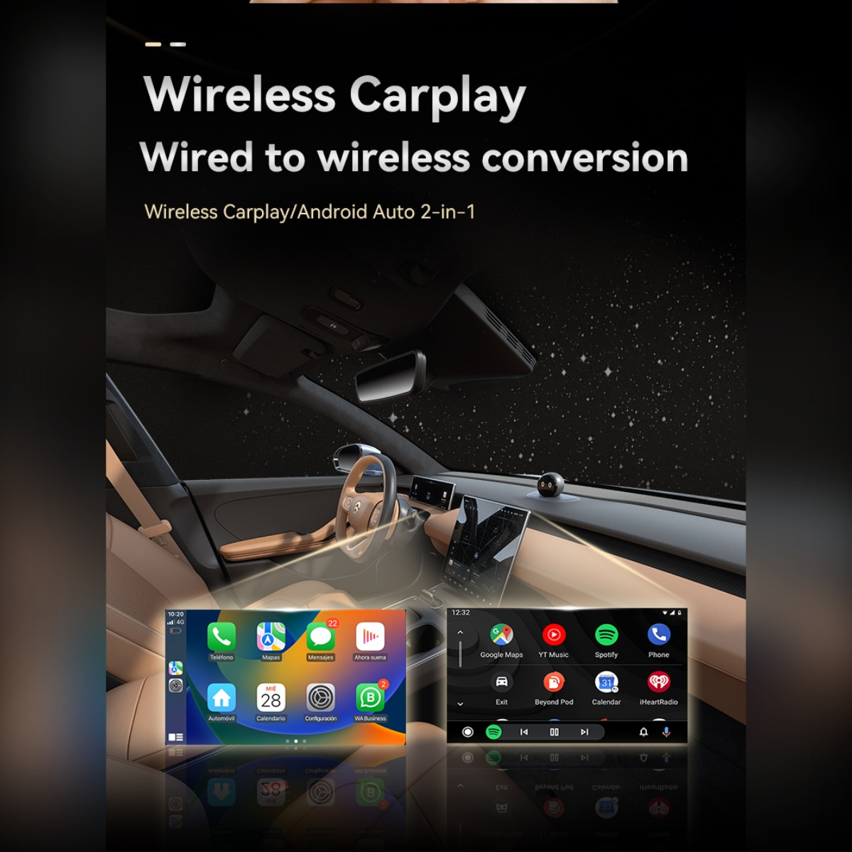 Autoinnenraum mit Anzeige für kabelloses CarPlay und Android Auto Konversion.