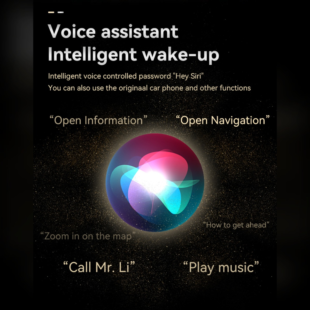Werbebild für intelligente Sprachsteuerung mit Siri-Kugel und Befehlen auf schwarzem Hintergrund.