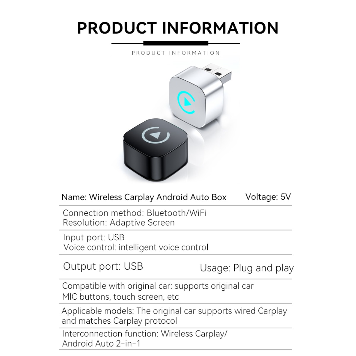 Produktinformation für Wireless Carplay Android Auto Box mit Spezifikationen und zwei kompakten USB-Adaptern.