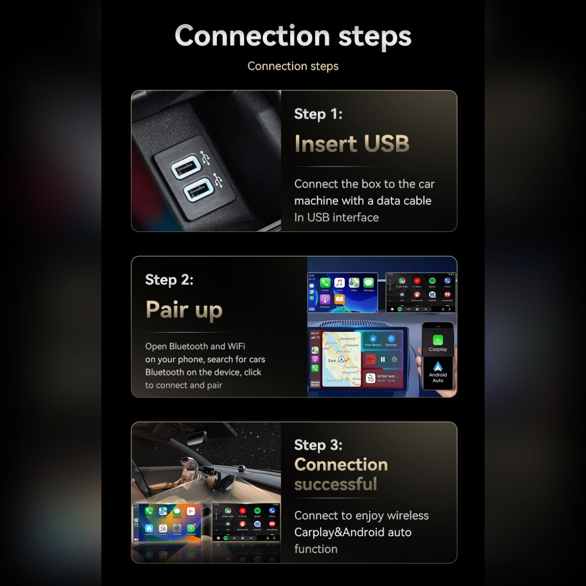 Anleitung in drei Schritten zur Verbindung von Apple CarPlay und Android Auto mit USB, Bluetooth und WLAN.