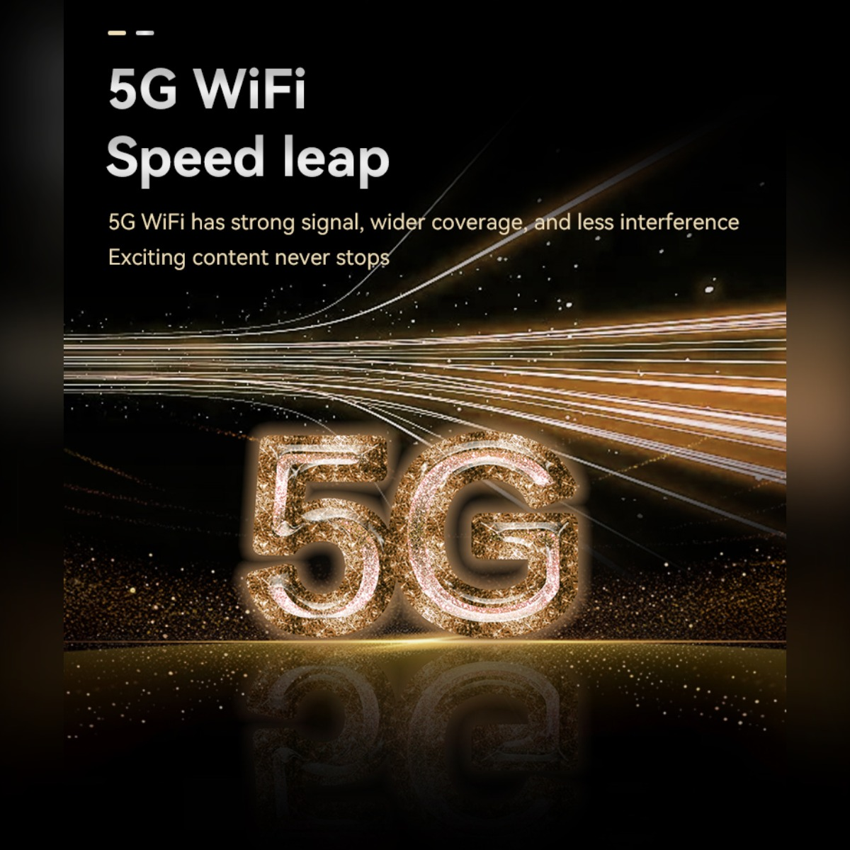 Werbebild für 5G WiFi mit großem, golden glitzerndem 5G-Text und leuchtenden Lichtstreifen auf schwarzem Hintergrund.