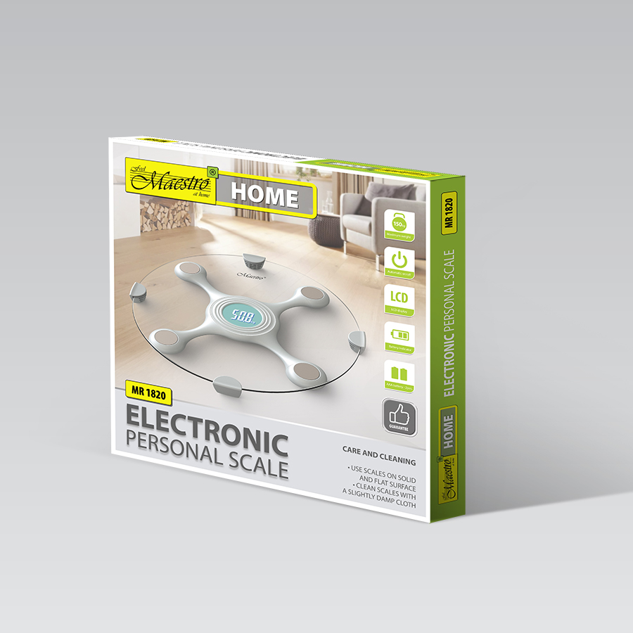 Opakowanie produktu elektronicznej wagi osobowej z napisem Maestro Home.