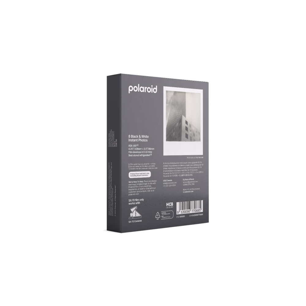 Eine dunkelgraue Polaroid-Filmbox für Schwarz-Weiß-Sofortbilder mit weißem Logo und Textdetails.