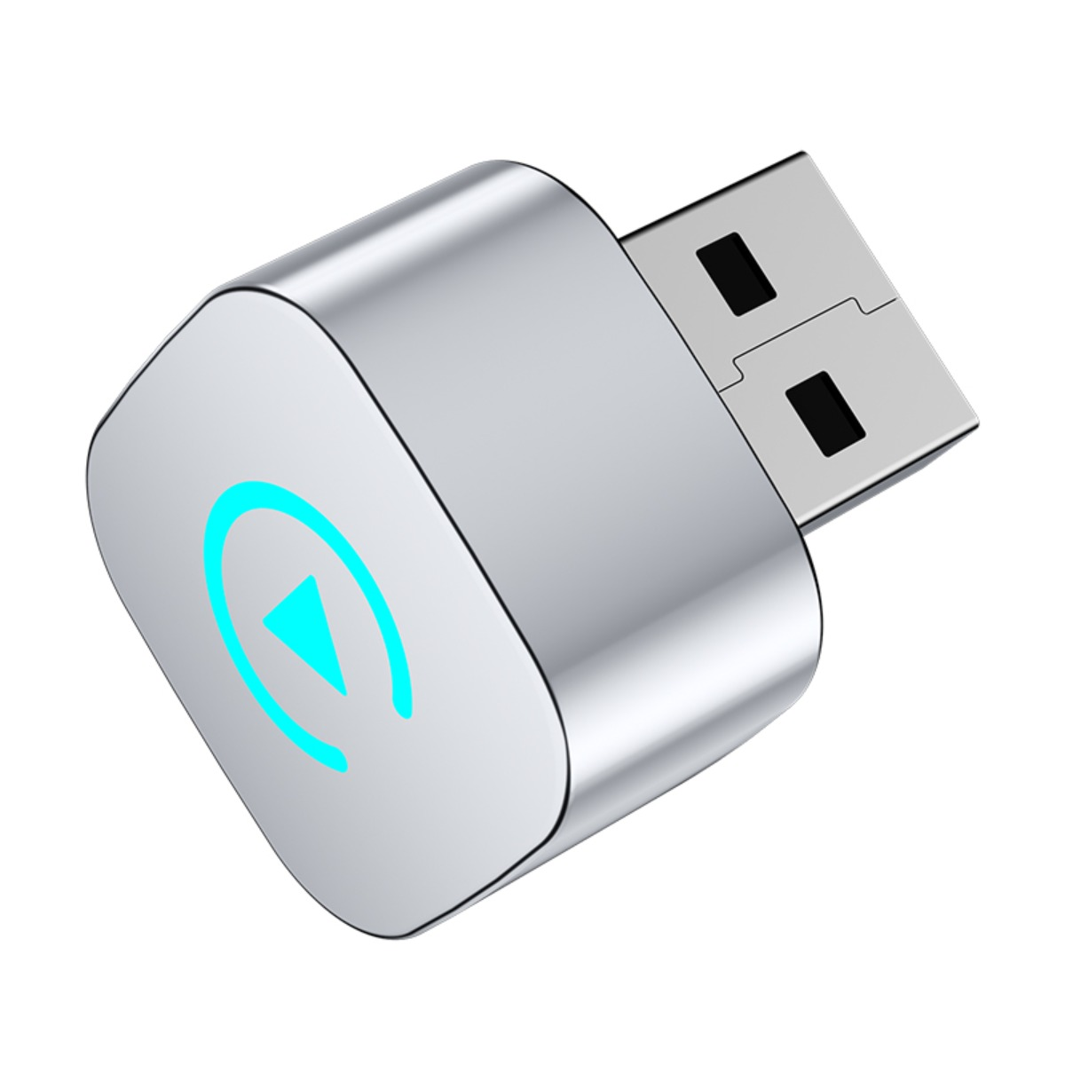 Ein silberner USB-Adapter mit leuchtend cyanfarbenem Play-Symbol auf weißem Hintergrund.