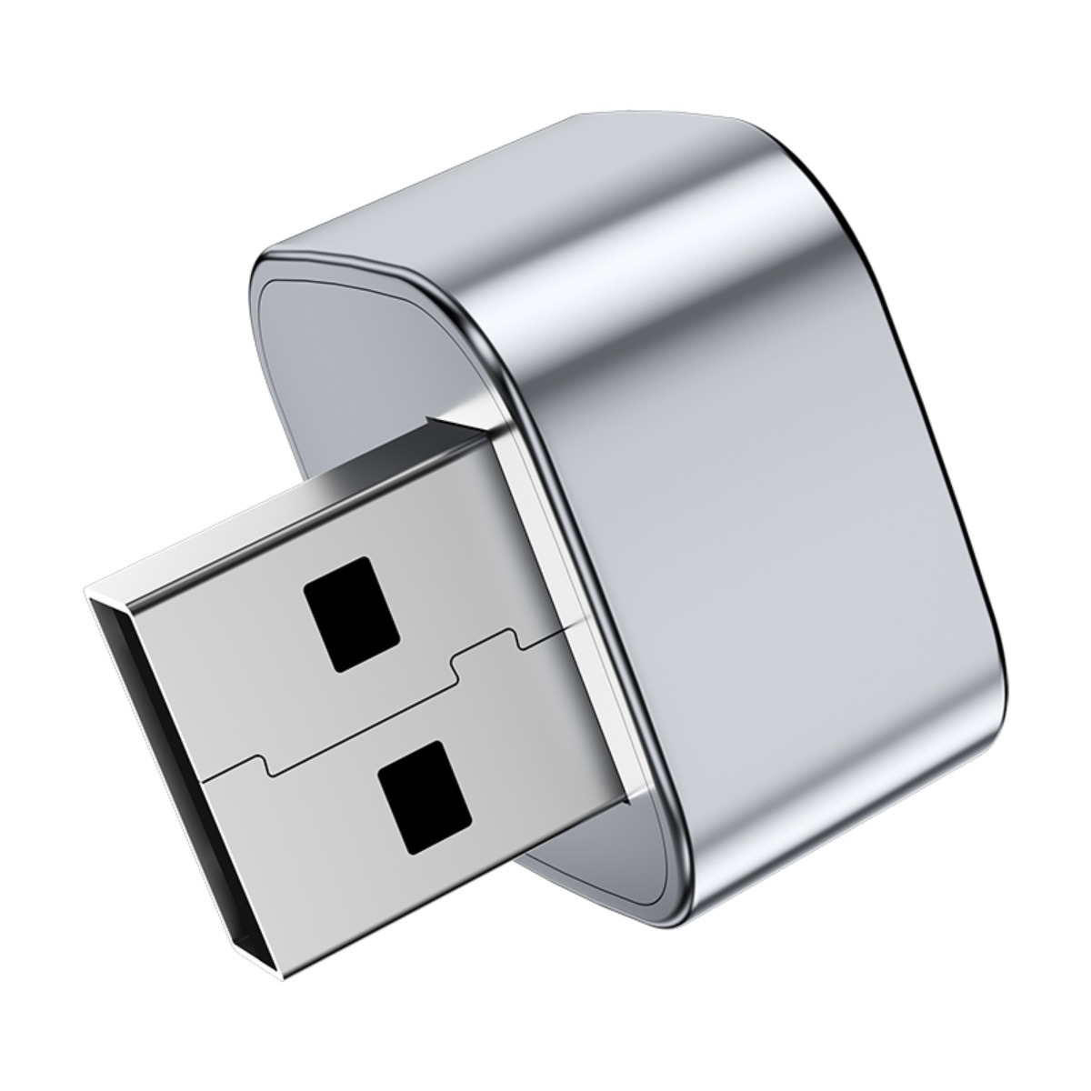Glänzender silberner USB-Anschluss mit abgerundetem Gehäuse auf weißem Hintergrund.