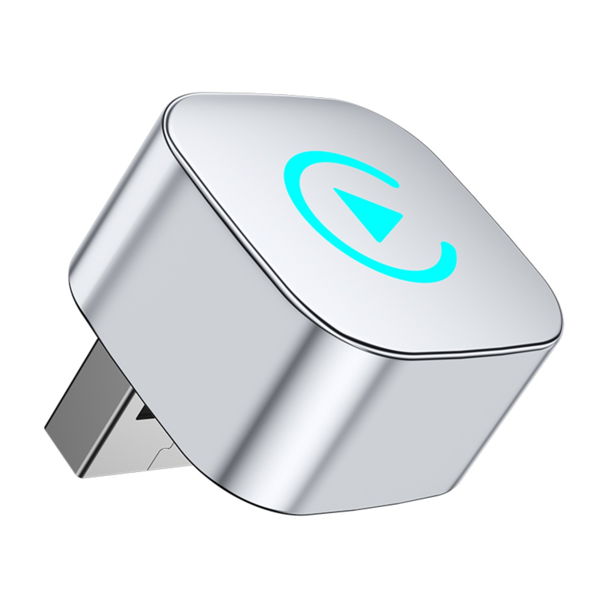 Ein silberner elektronischer Adapter mit einem leuchtend cyanfarbenen Play-Symbol oben und einem USB-Anschluss an der Seite.