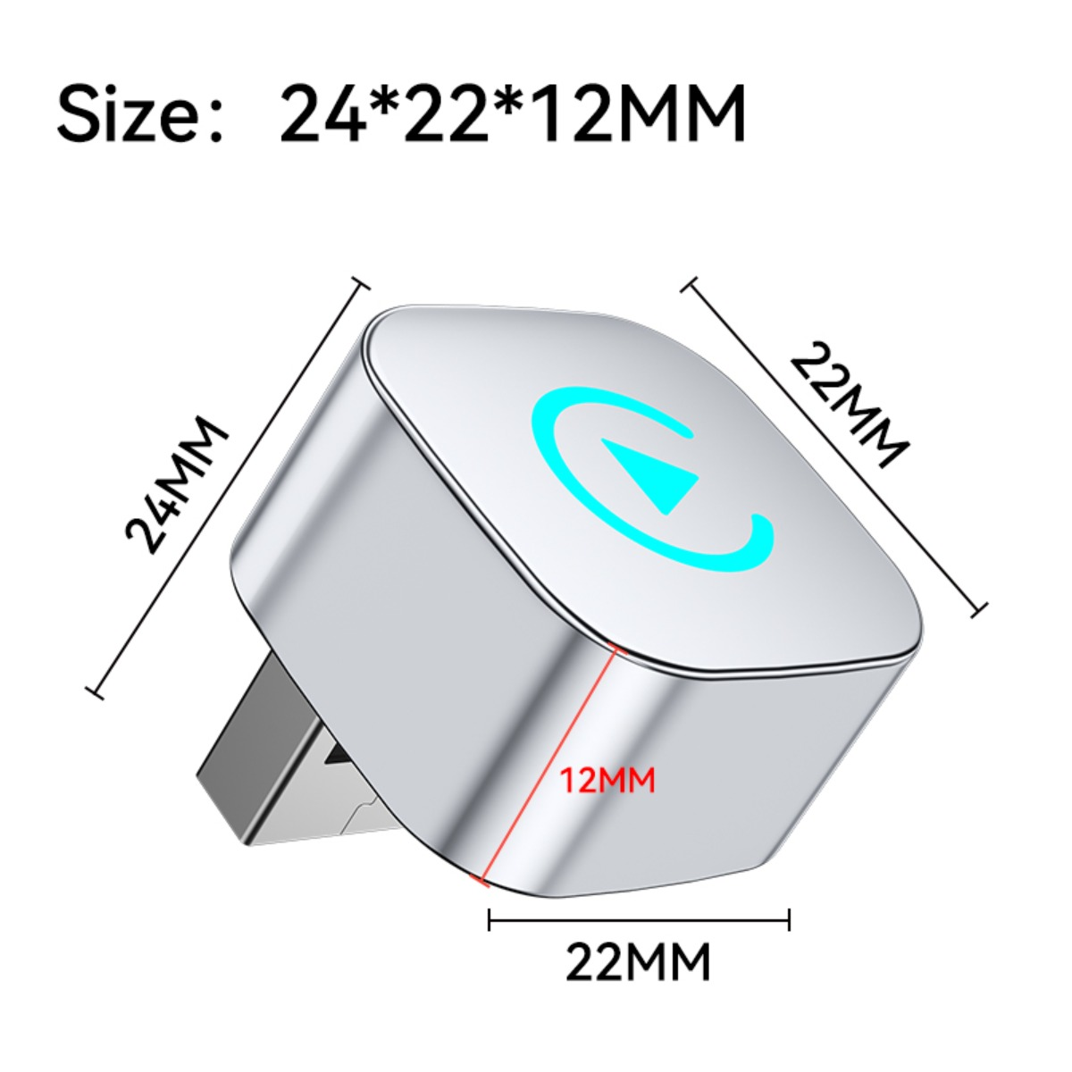 Ein silberner Smart-Button mit den Maßen 24x22x12 mm und einem leuchtend blauen Play-Symbol.